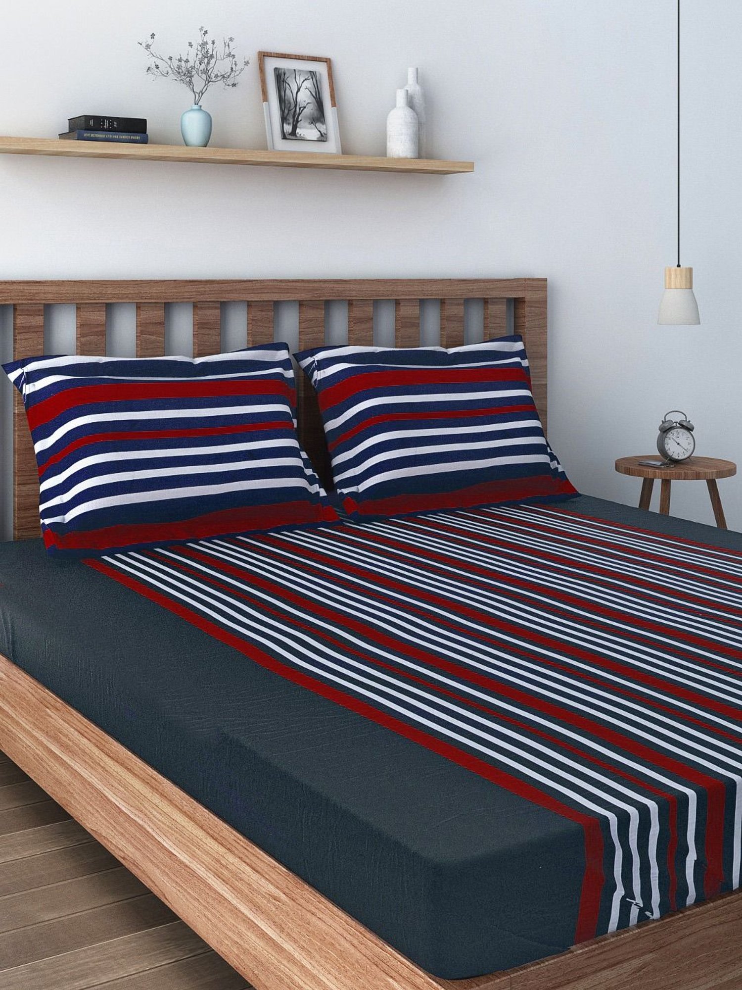 Swayam Stripes Red & Navy 180 TC Cotton King Bedsheet with 2 Pillow Covers