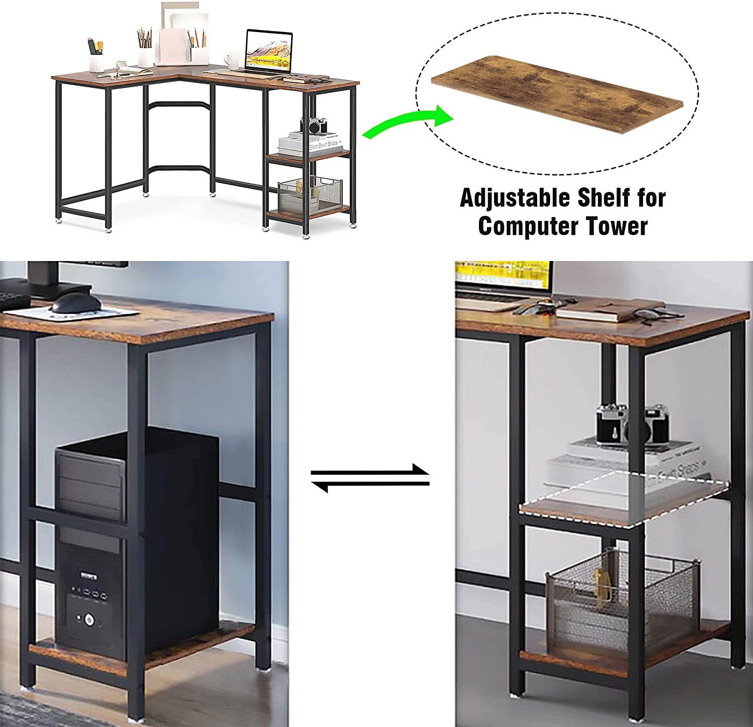 54.3 inch L-Shaped Computer Desk Corner Desk, Office Study Workstation with Shelves, Space-Saving, Easy to Assemble, Rustic Brown