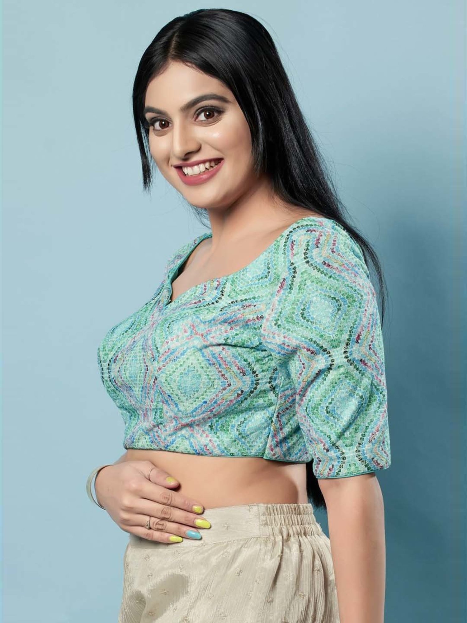 Salwar Studio Aqua Blue Embroidered Half Sleeves Readymade Blouse