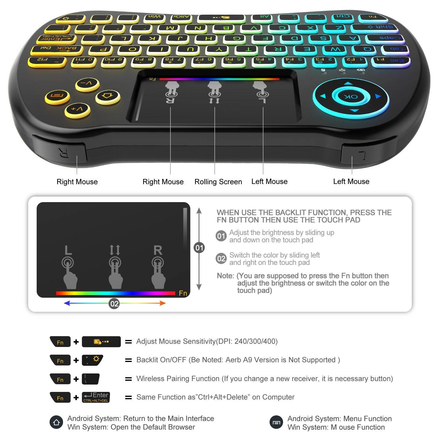 Werleo 2.4GHz Colorful Backlit Mini Wireless Keyboard with Touchpad Mouse Rechargeable Combos for PC, Laptop,Pad, Google Android TV Box PS4 PS3 Xbox and More (Upgraded Version)