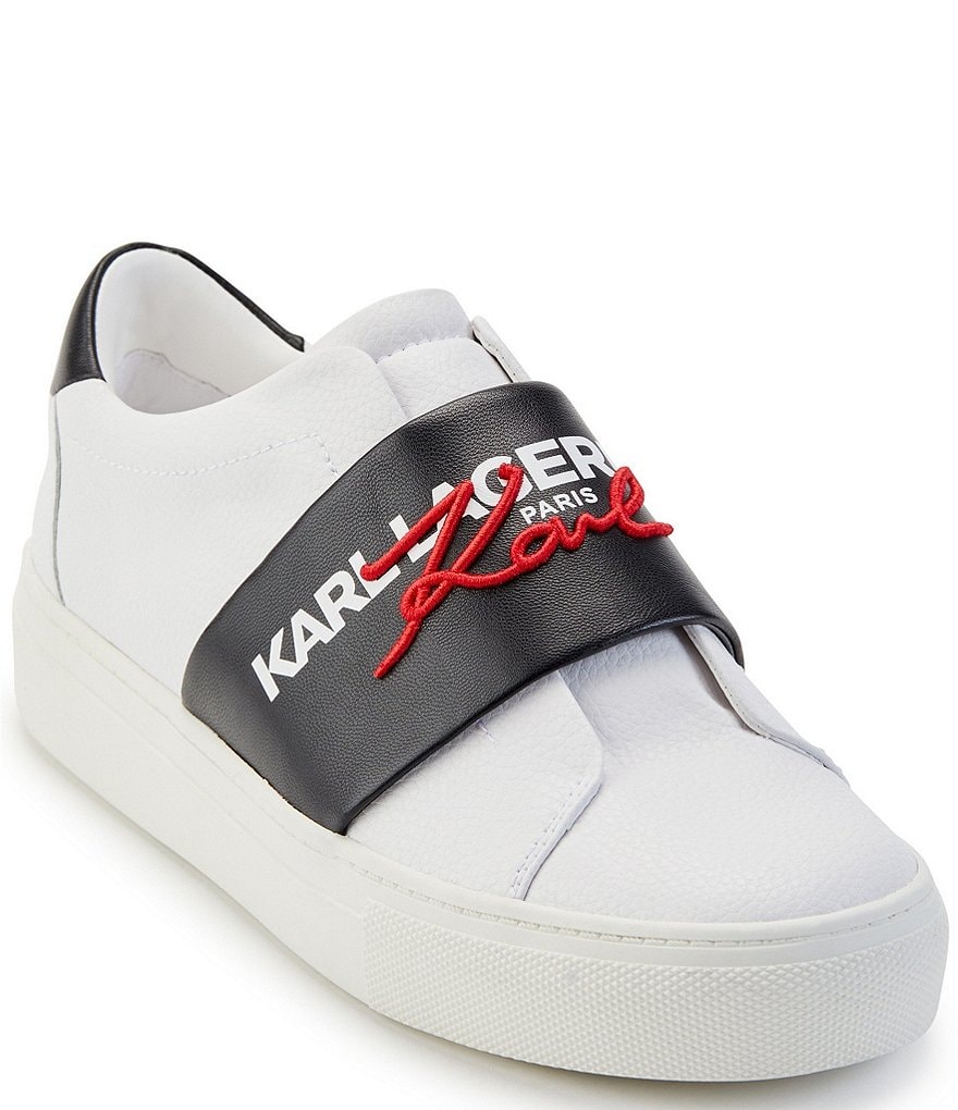 KARL LAGERFELD PARIS Cameli Leather Embroidered Signature Slip-On Sneakers