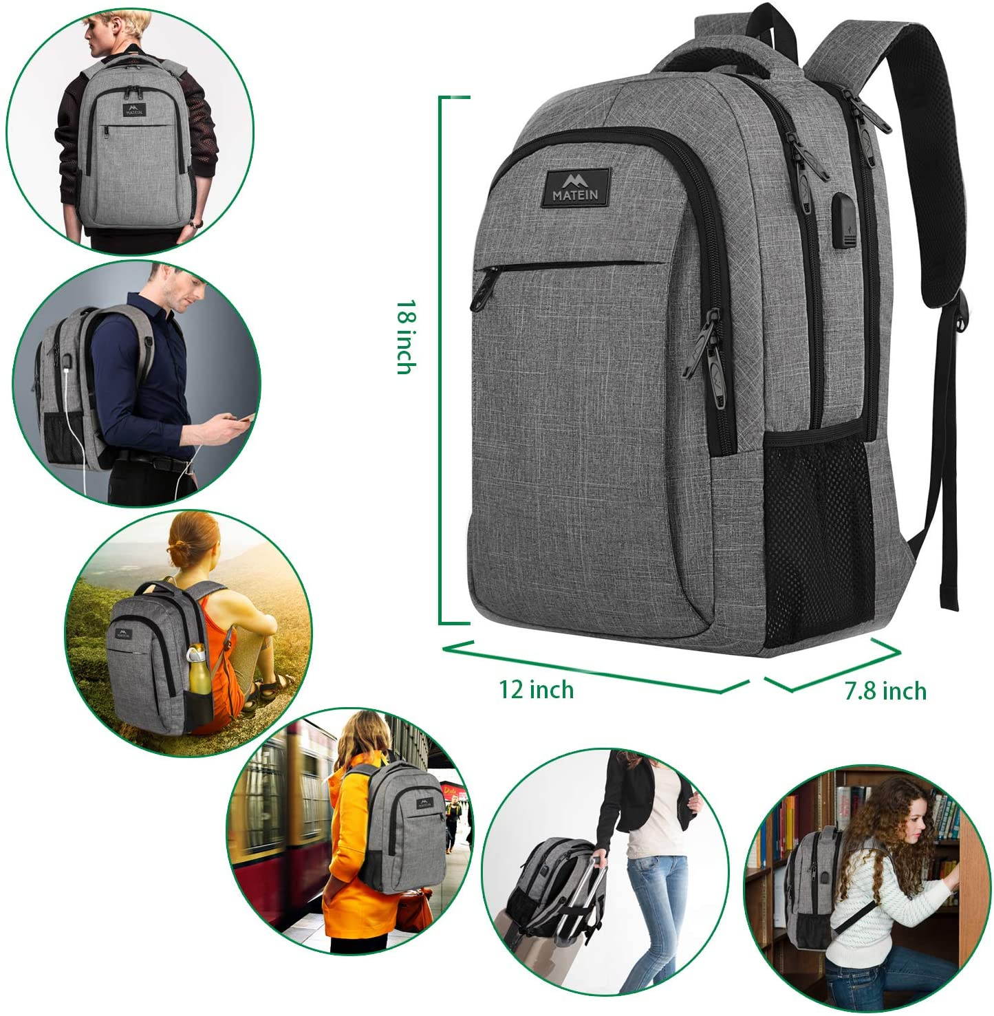 Travel Laptop Backpack, Business Anti Theft Slim Durable Laptops Backpack with USB Charging Port, Water Resistant College School Computer Bag Gifts for Men & Women Fits 15.6 Inch Notebook, Grey