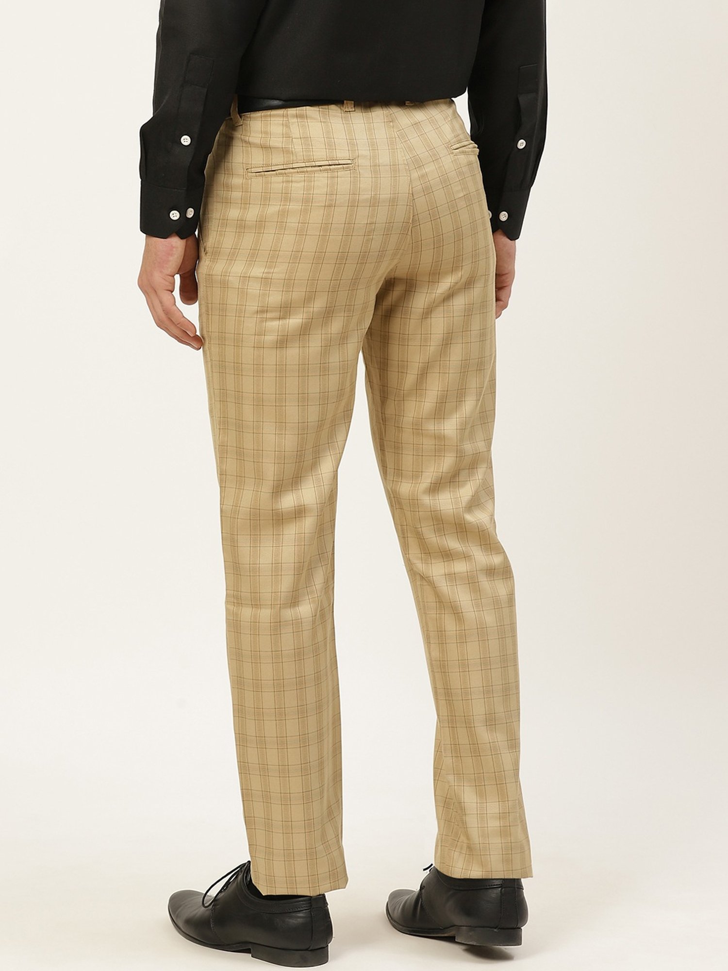 Sojanya Beige Cotton Regular Slim Fit Checks Flat Front Trousers
