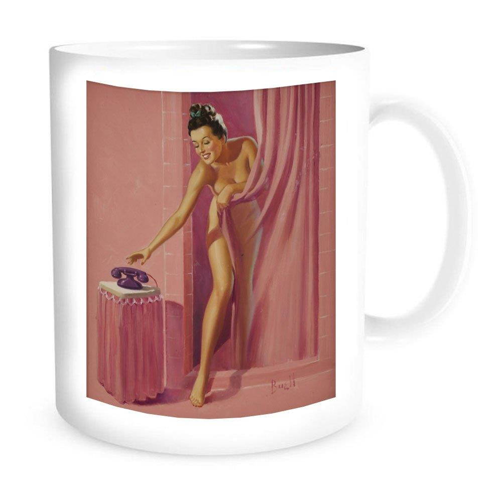 Ceramic Coffe Mug with Vintage Pin-Up, Brunette In Shower Answering Phone - By Al Buell