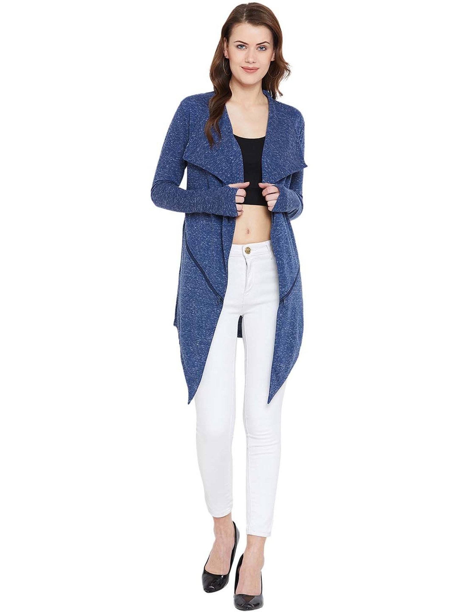 Hypernation Pigeon Blue Cotton Self Pattern Shrug