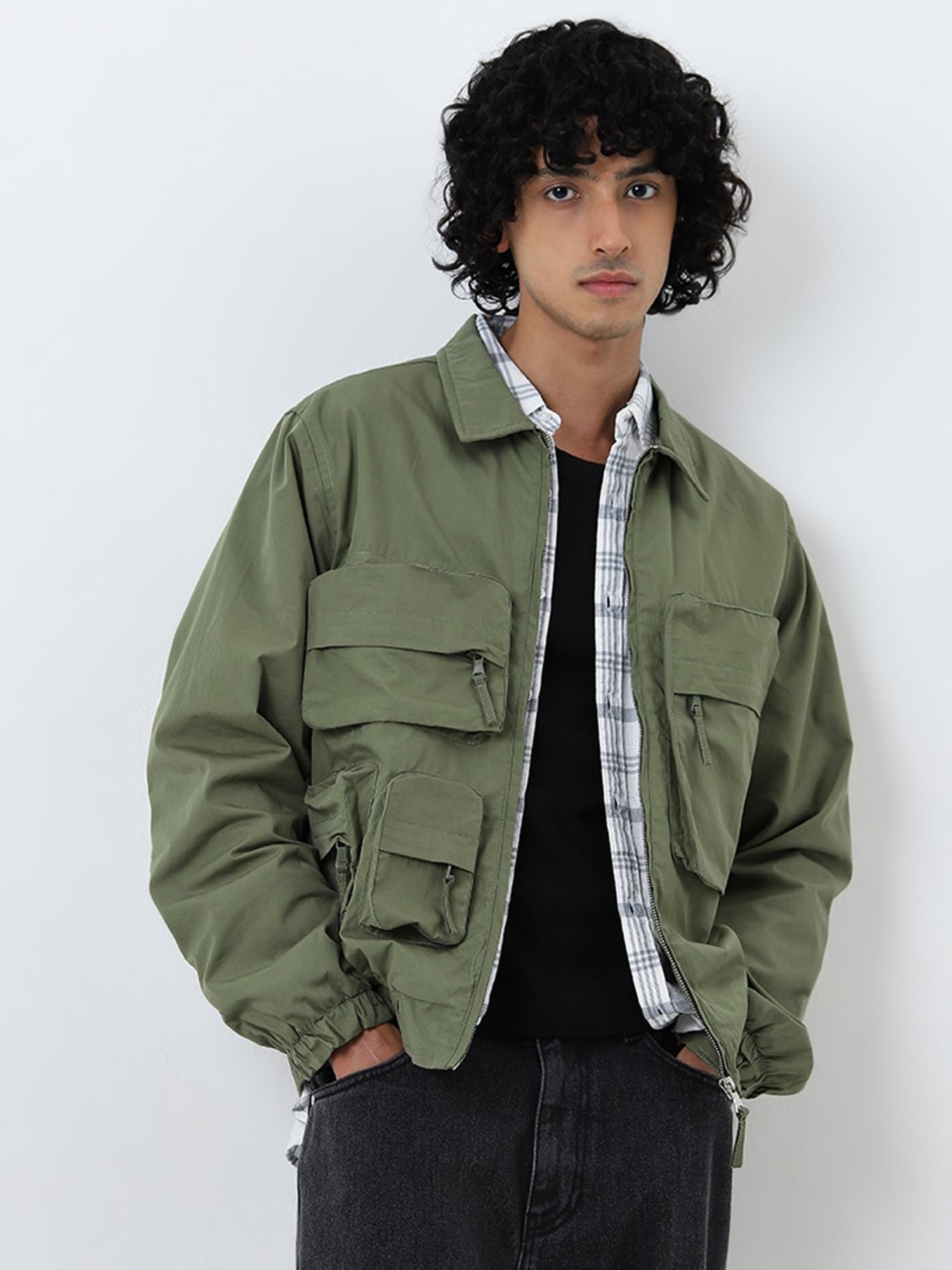 Nuon by Westside Olive Cargo-Style Relaxed-Fit Cotton Blend Jacket