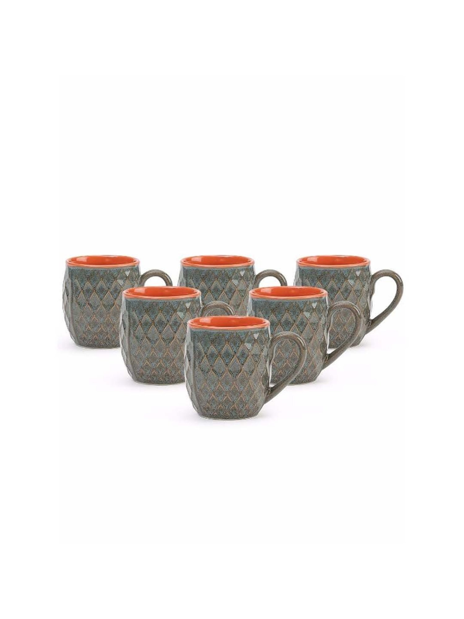 Unravel India Green & Orange Ceramic Coffee Mug - Set of 6
