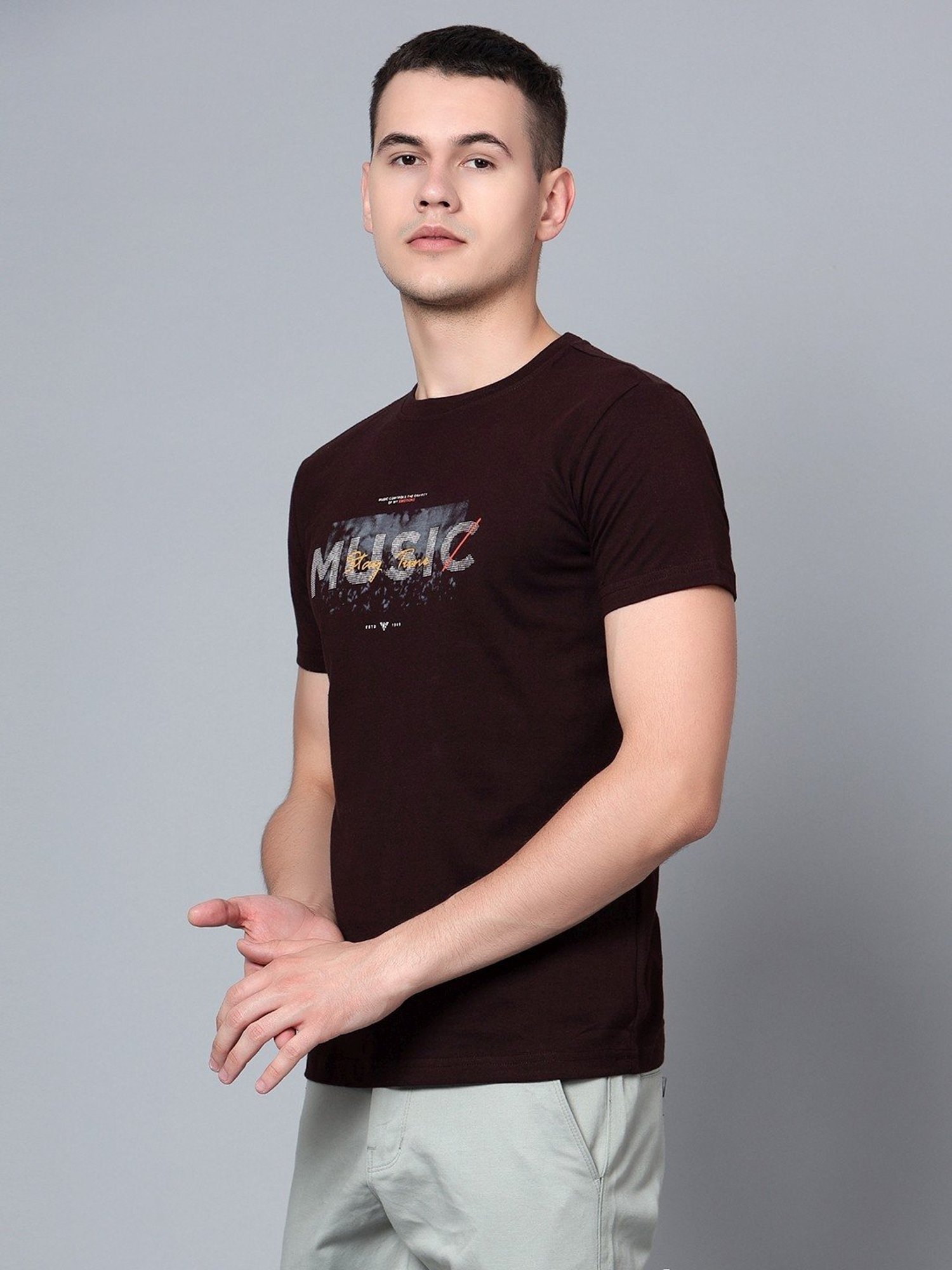 Cantabil Wine Cotton Regular Fit Printed T-Shirt