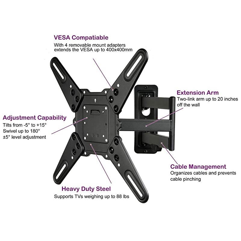 ML531BE2 TV Wall Mount kit with Free Magnetic Stud Finder and HDMI Cable for Most 2655 TV and New LED TV up to 60 inch VESA 400x400 Full Motion with 20 inch Articulating Arm WP5