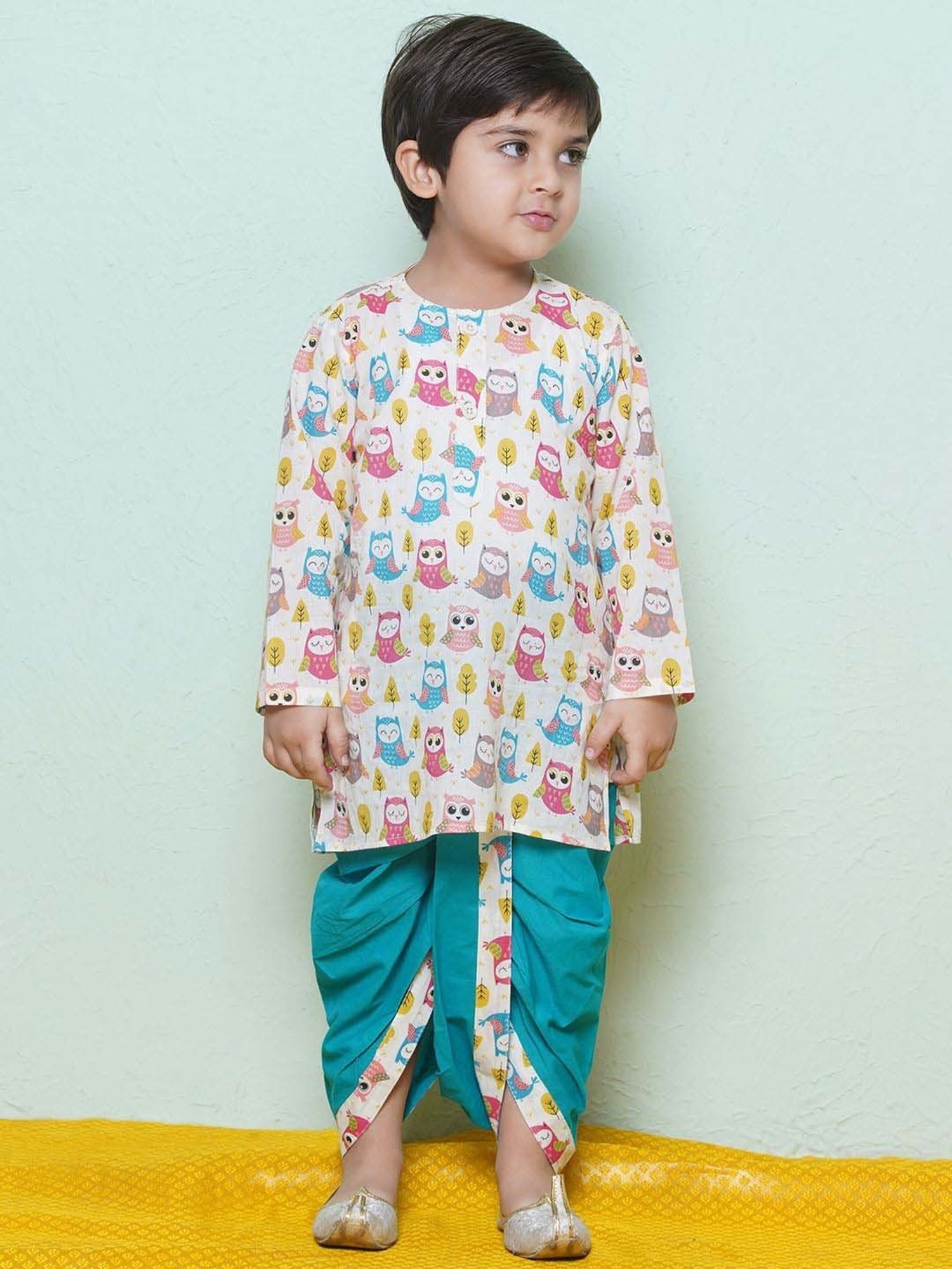 AJ Dezines Kids White & Teal Blue Cotton Printed Full Sleeves Kurta Set