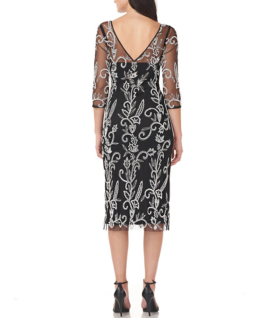 JS Collections Illusion Boat Neck 3/4 Sleeve Beaded Midi Dress