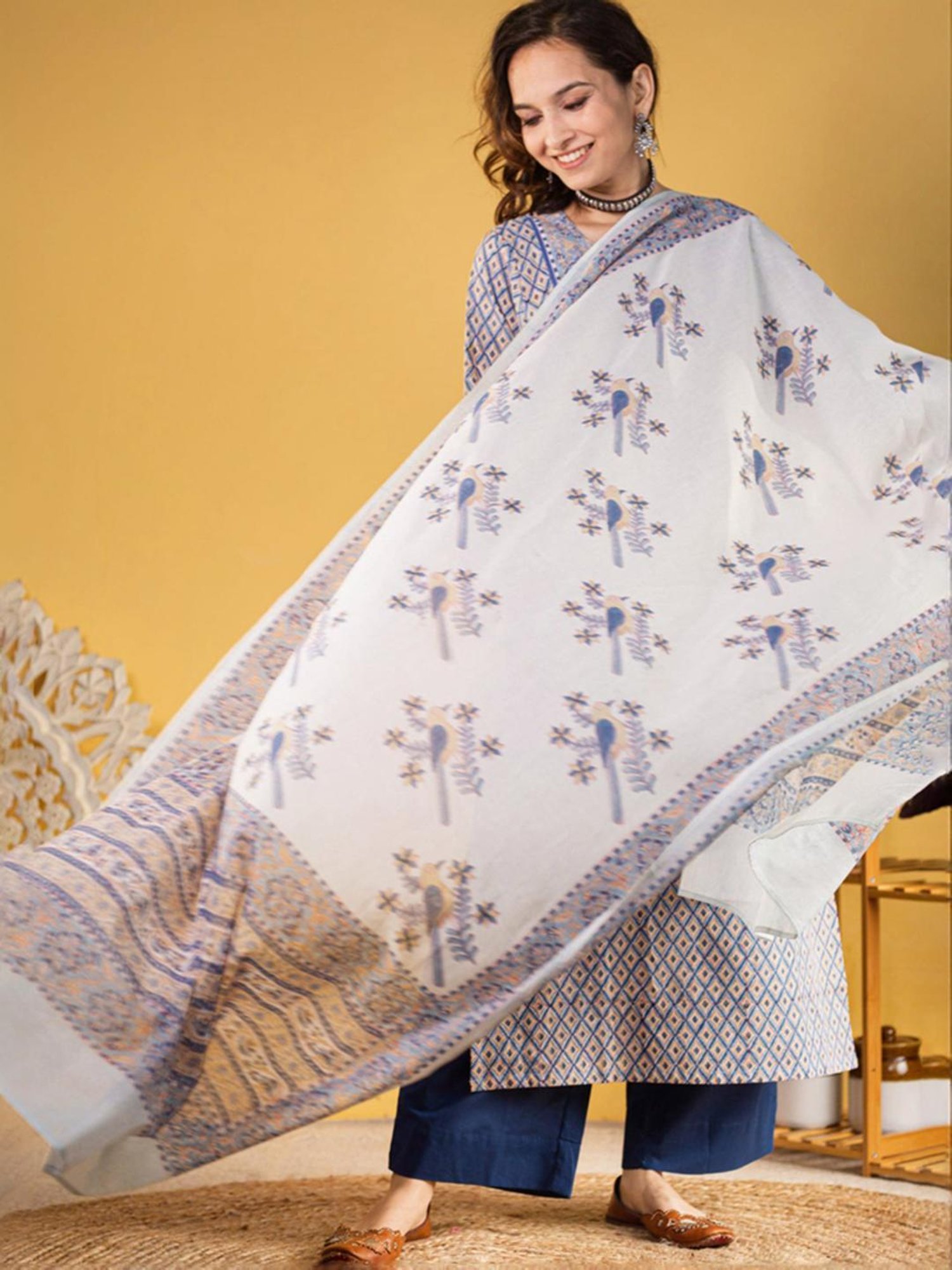 Odette Blue Printed Kurta Palazzo Set With Dupatta