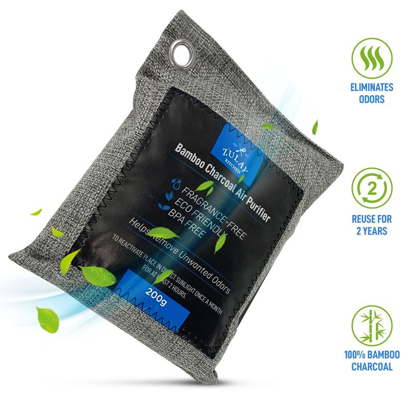 Zulay Kitchen 4 Pack 100% Bamboo Charcoal Air Purifying Bags - Activated Charcoal Odor Absorber - Odor Handler for Unpleasant Smells