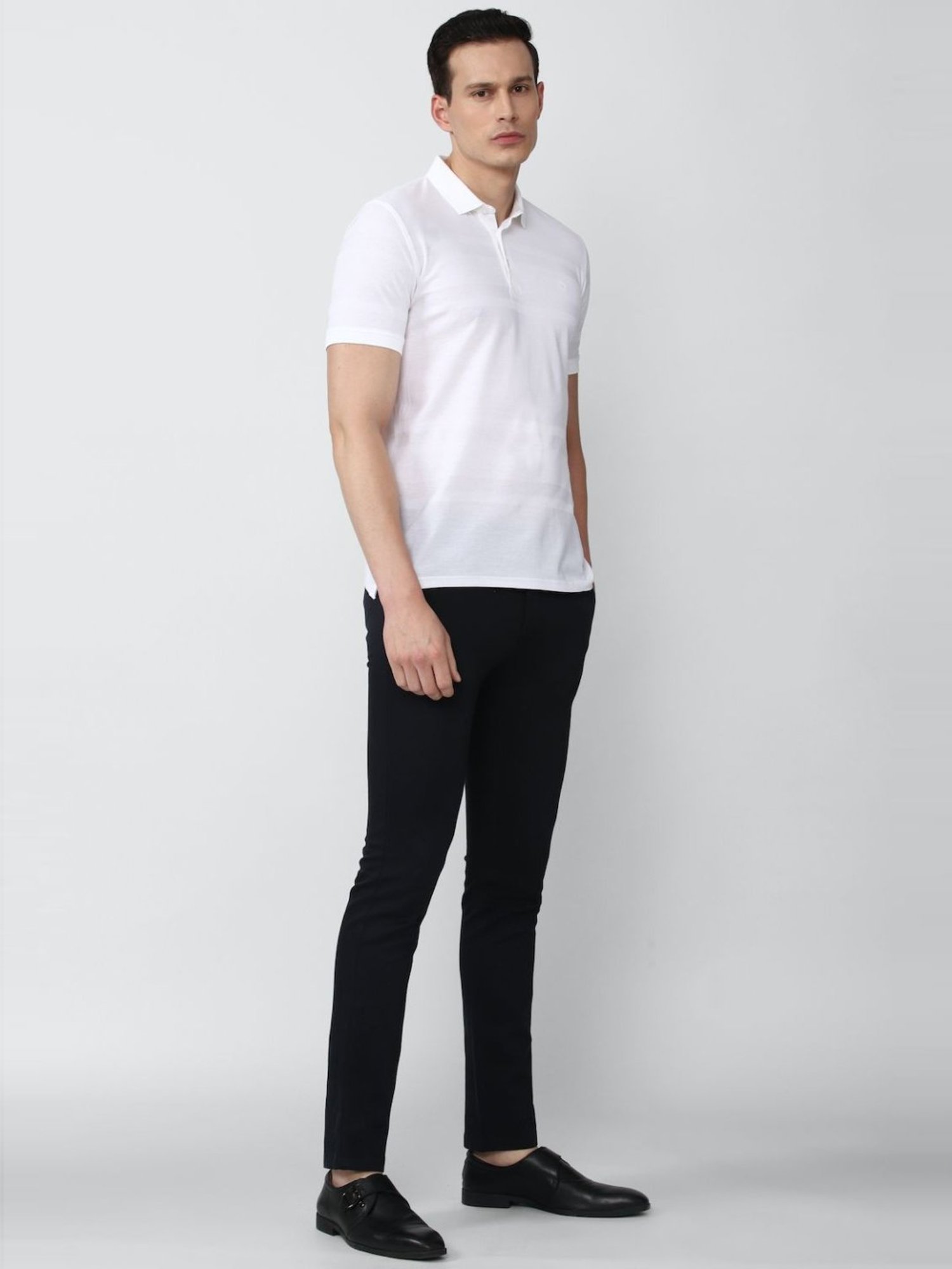 V Dot White Cotton Slim Fit Striped Polo T-Shirt