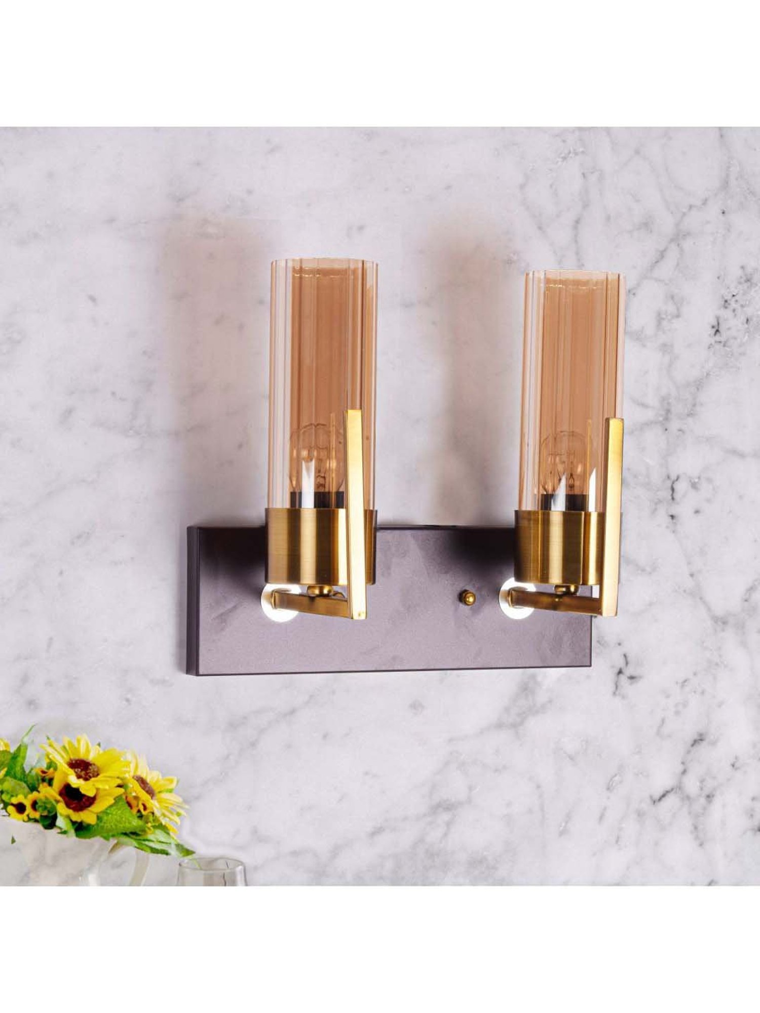 Kapoor E Illuminations Golden Brass Grove Amber Glass Double Shade Wall Light