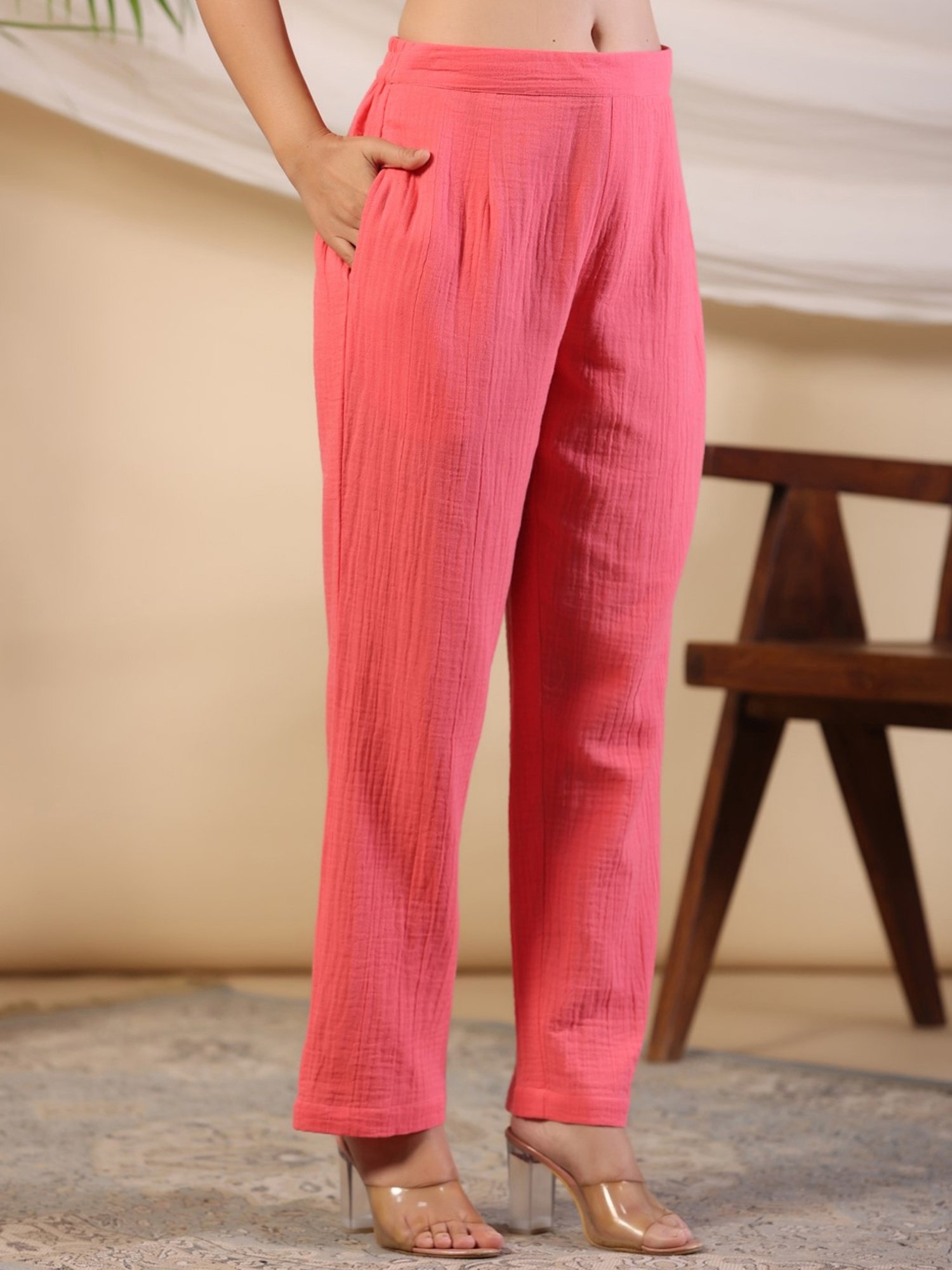 Juniper Coral Women Solid Top With Pants Co-Ord Set With Floral Embroidery & Contrast Beads