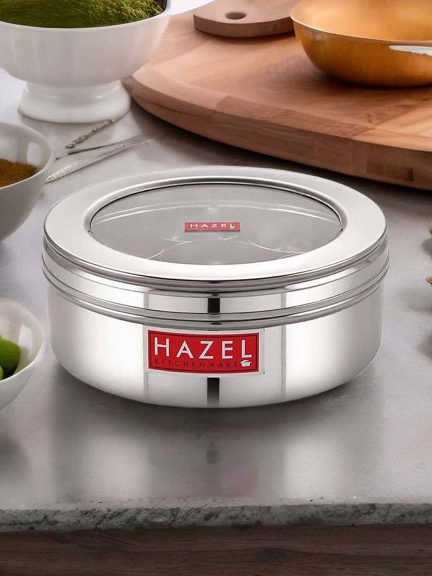 HAZEL Silver Stainless Steel See Through Masala Container Box With 7 Wati & Spoon (1.6 L)
