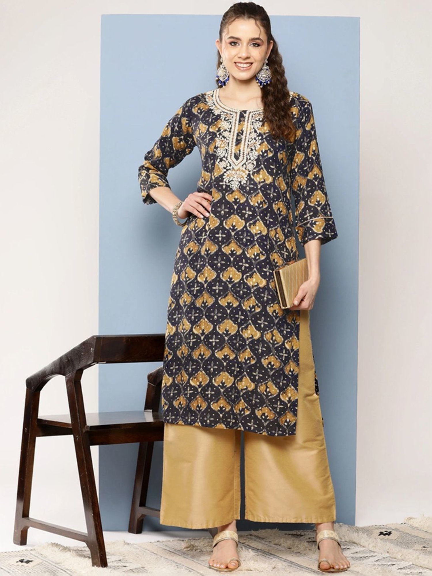 Aarika Black Cotton Embroidered Straight Kurta