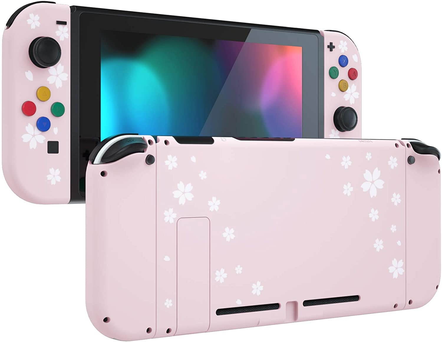 eXtremeRate Back Plate for Nintendo Switch Console, NS Joycon Handheld Controller Housing with Colorful Buttons, DIY Replacement Shell for Nintendo Switch - Sakura Petals