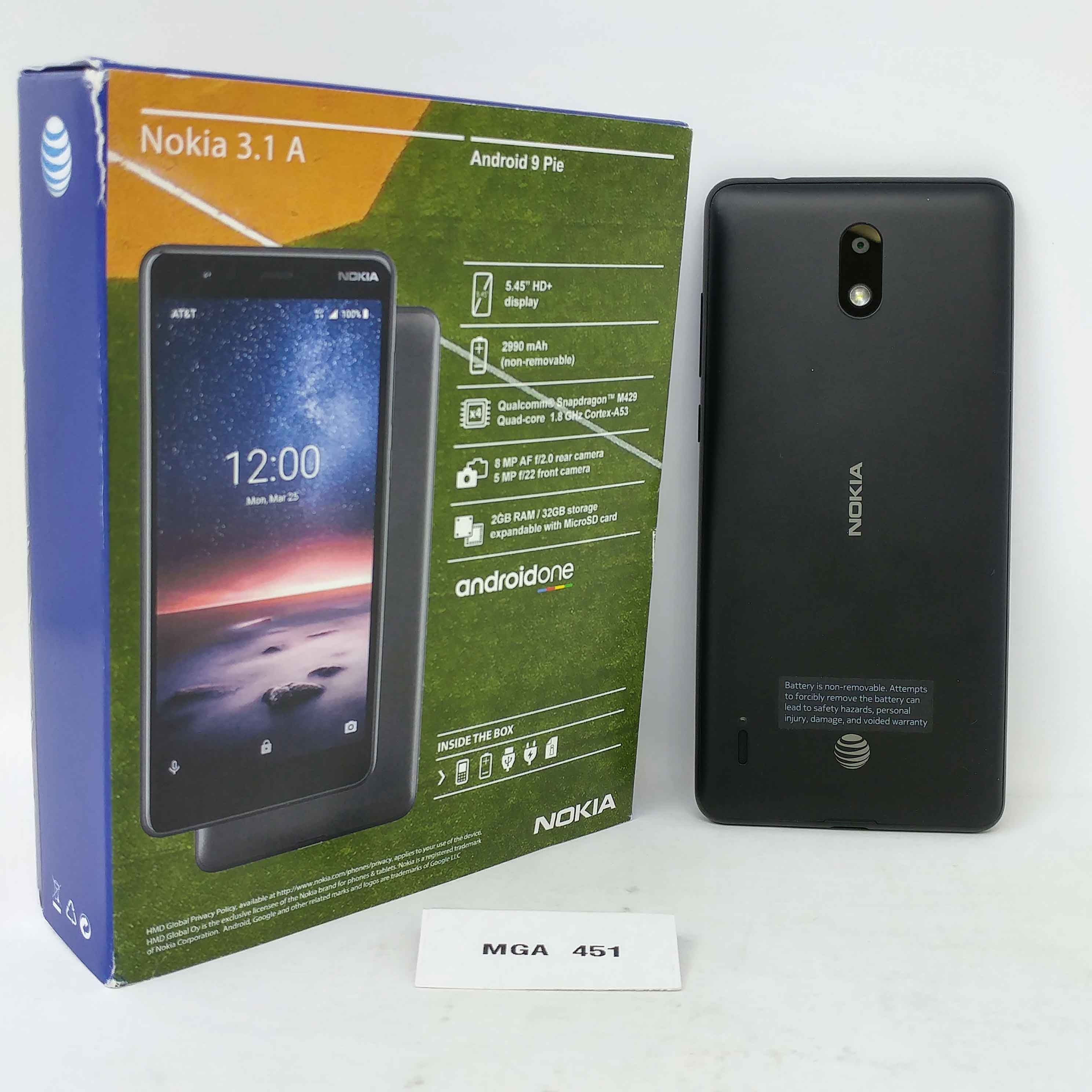 OB Nokia 3.1 A 32GB TA-1140 ATT  5.45 in IPS LCD Display 2GB RAM 8MP Camera Android One Smartphone - Black/Chrome