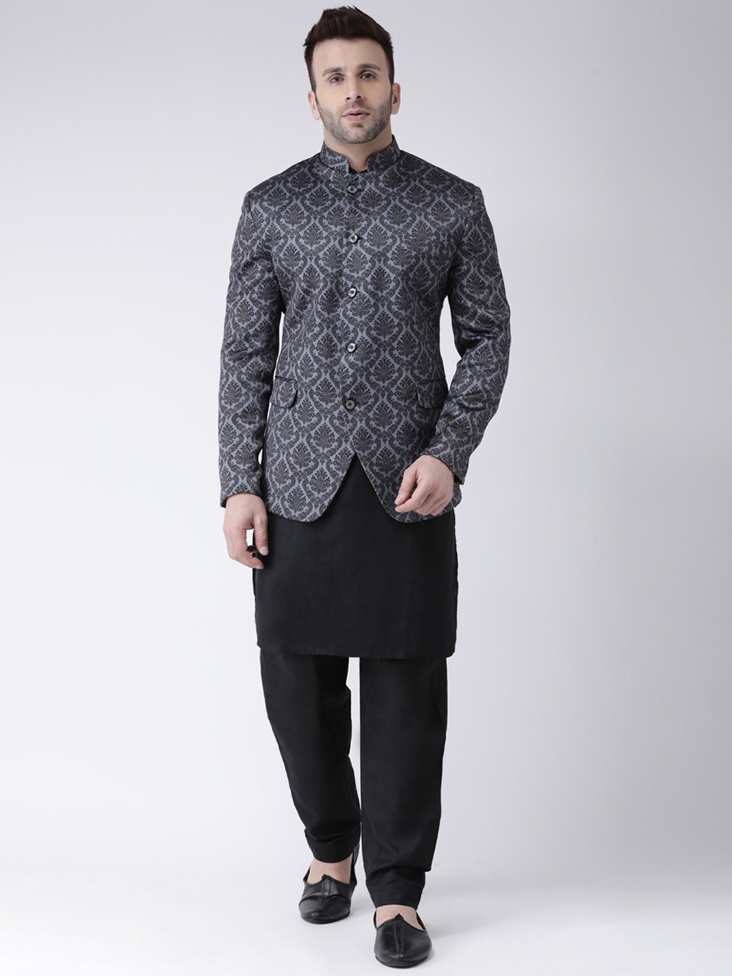 Hangup Plus Black Regular Fit Printed Ethnic Blazer