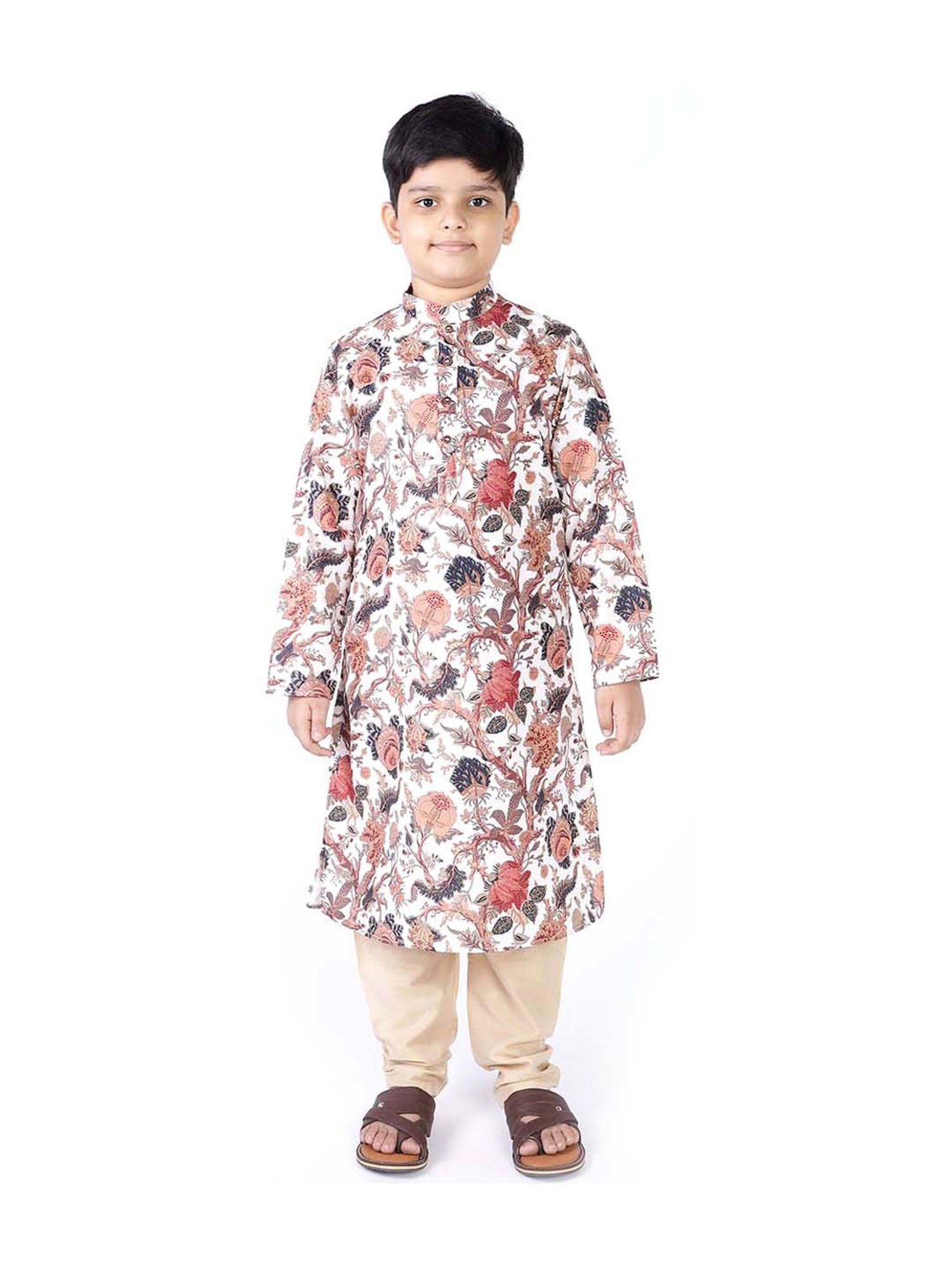 TABARD Kids White & Beige Cotton Printed Kurta Set