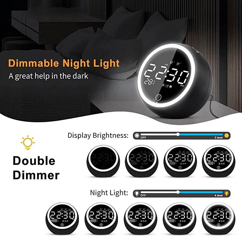 Alarm Clock Radio,Bluetooth V5.0,Hi-Fi Speaker,Dual Alarms with Snooze,Digital Display with dimmer,Dual USB Output Ports,FM Radio with Sleep Timer,Night Light,Clock for bededrooms