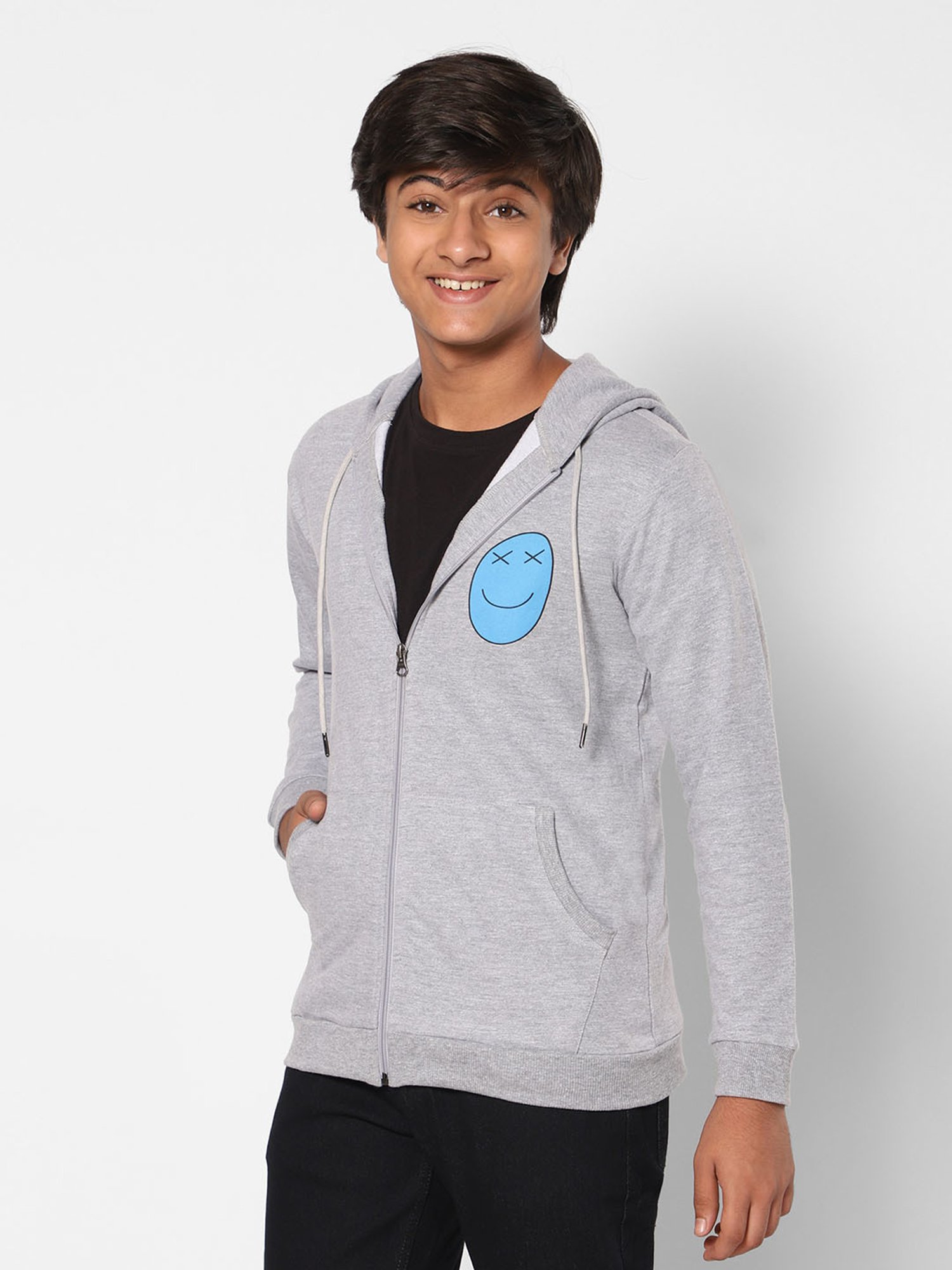 TeenTrums Boys Grey Textured Full Sleeves Hoodie