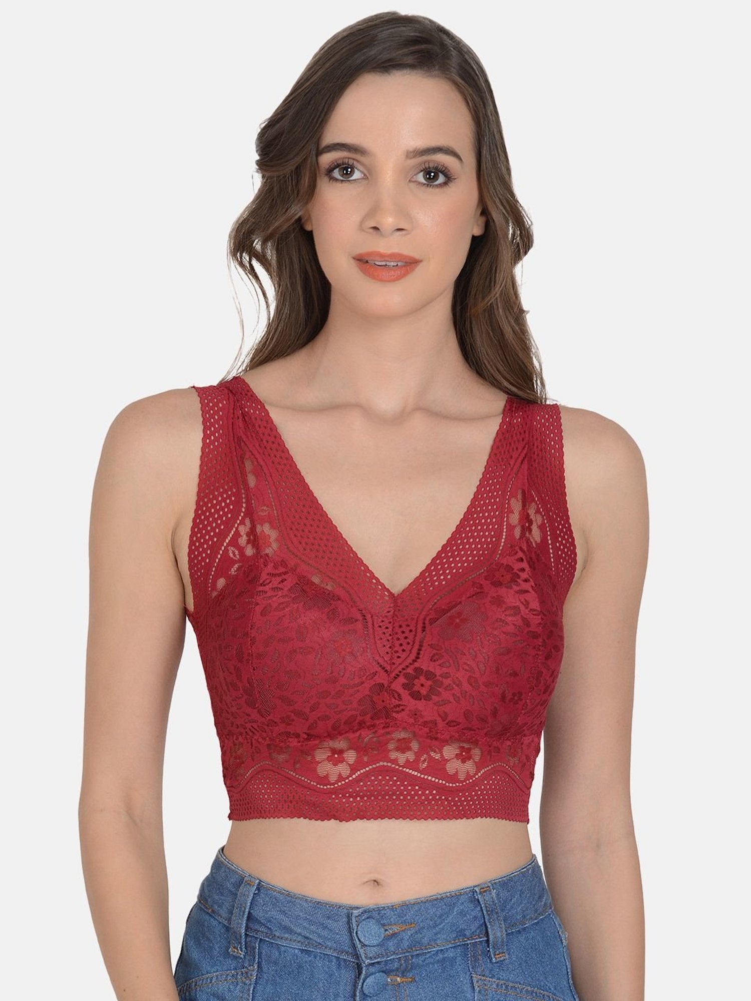 mod & shy Maroon Lace Work Removable Padded Bralette Bra