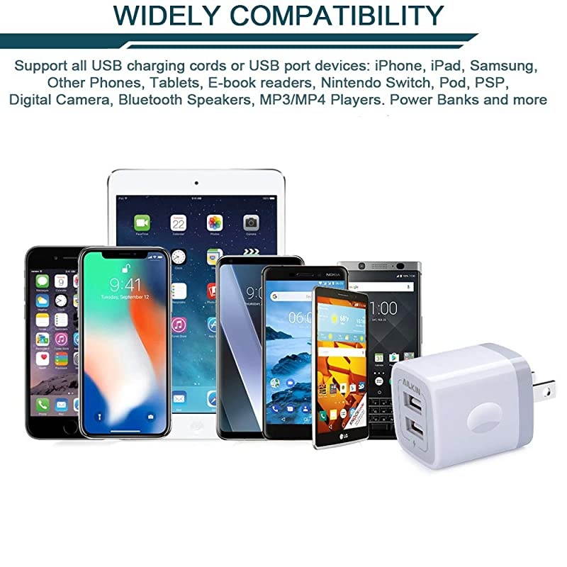 USB Wall Charger, Charger Block,  2.1A Multiport Fast Charge Power Brick Cube Replacement for iPad, iPhone, iPod, Samsung Galaxy, Huawei, HTC, LG, Nokia or Other Cell Phone Smart Devices