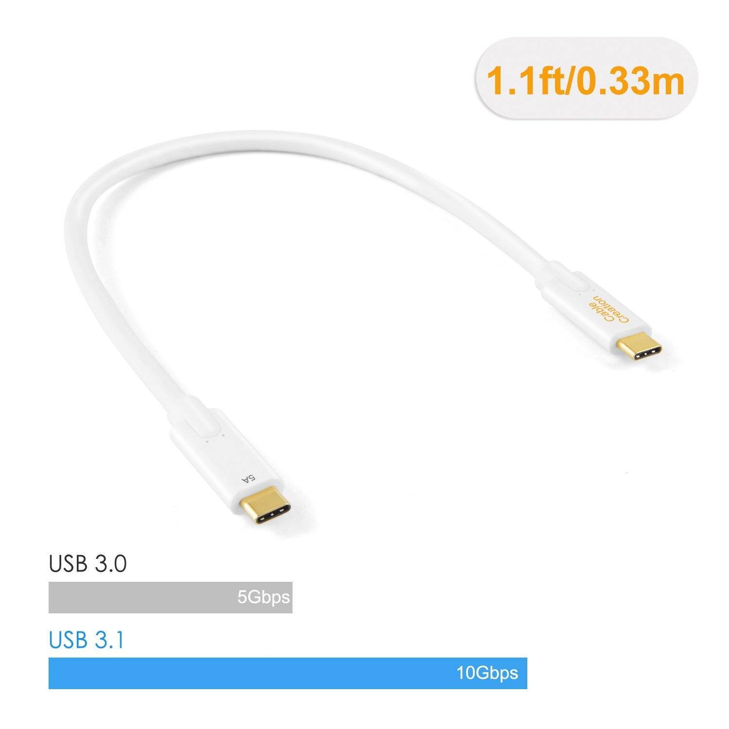 CableCreation CC0721 USB 3.1 Full-Feature GEN 2 Type-C Male to Type-C Male Cable 10G 5A 1ft / 0.3 Meters White X001FQB7LP