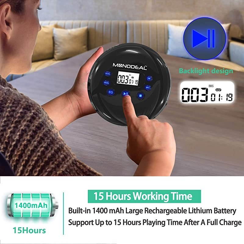 Portable CD Player,  Rechargeable Personal Compact Disc CD Player with Headphones, Anti-Skip Small Walkman Music CD Player for Cars Adults Kids Students (with Larger LCD Display)