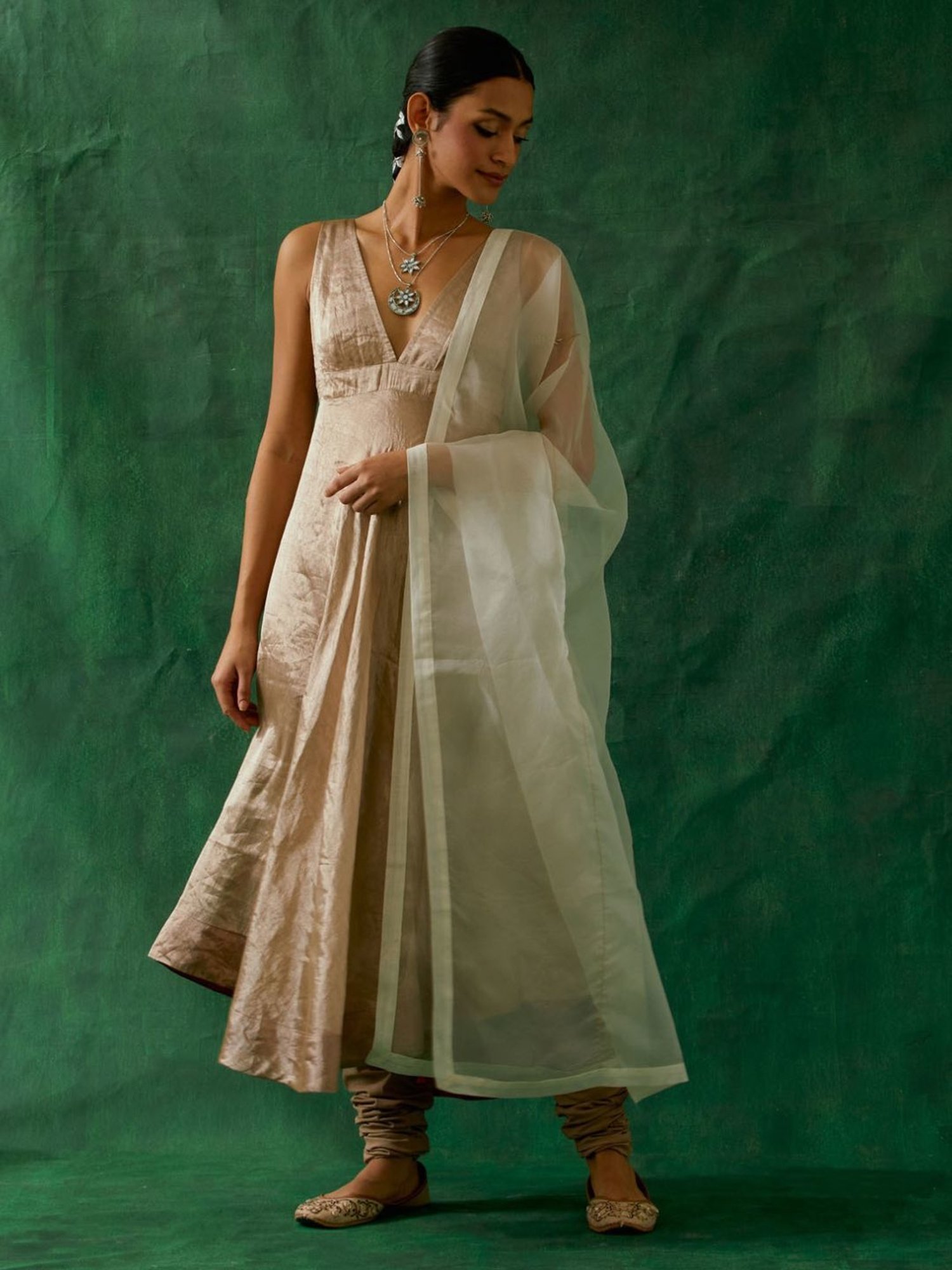 Vinusto Anarkali Kurta in Beige Gold Zari Silk, Cotton Churidaar with Embroidered Katan Dupatta