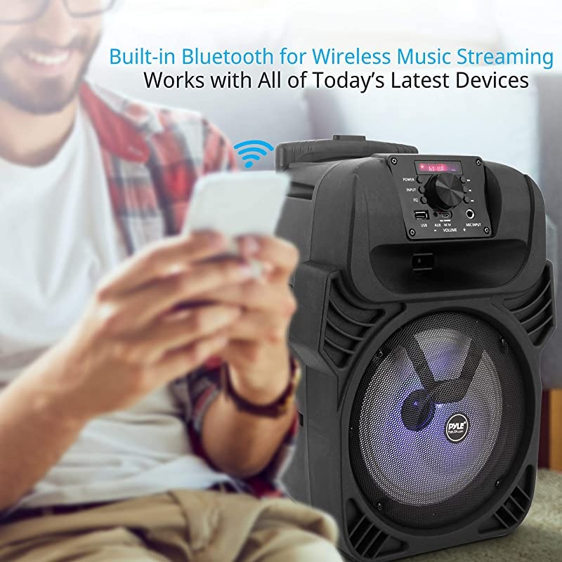 Portable Bluetooth PA Loudspeaker 8 Subwoofer System 4 Ohm5520kHz USBMP3FM Radio &frac14; Mic Inputs MultiColor LED Lights Builtin Rechargeable Battery w Remote Control Pyle PPHP844B