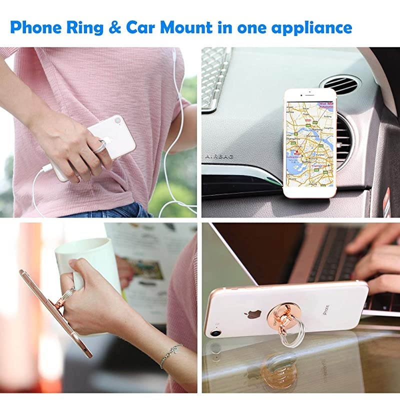 Ring Holder Stand 2 in 1 Universal Air Vent Car Mount and Finger Grip Ring with Strong Sticky Gel Pad Compatible with iX876sPlus Galaxy S9S8S7 Rose Gold