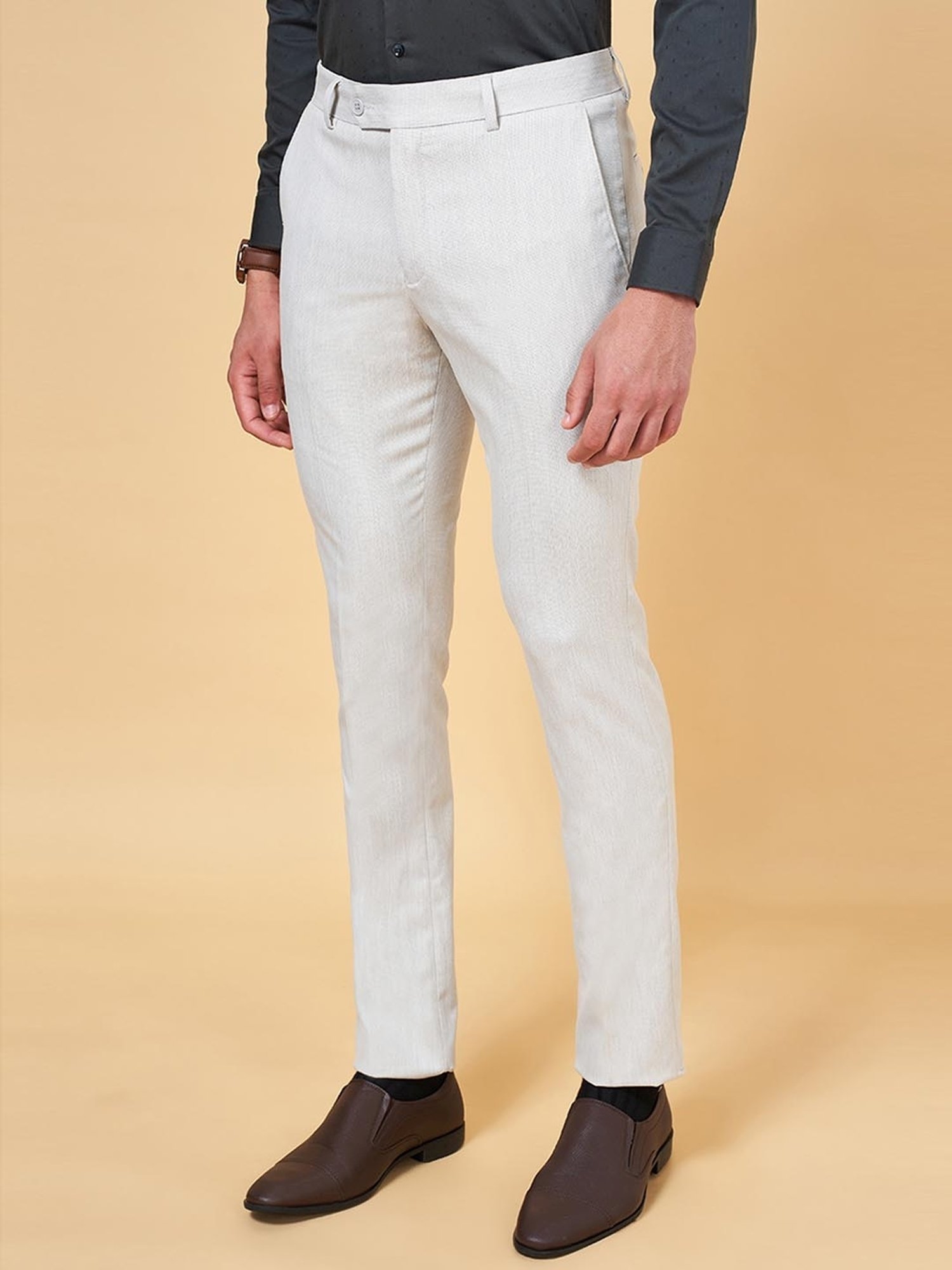 Peregrine by Pantaloons Light Grey Slim Fit Self Pattern Trousers