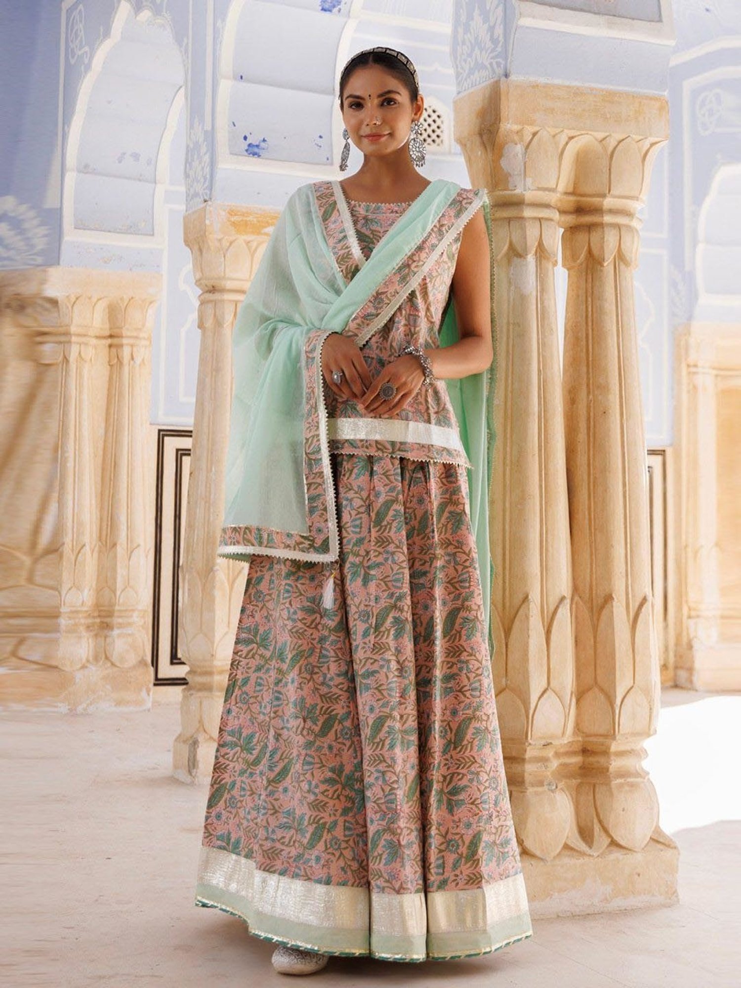 Geroo Jaipur Peach-Green Pure Cotton Hand Block Printed Skirt Set