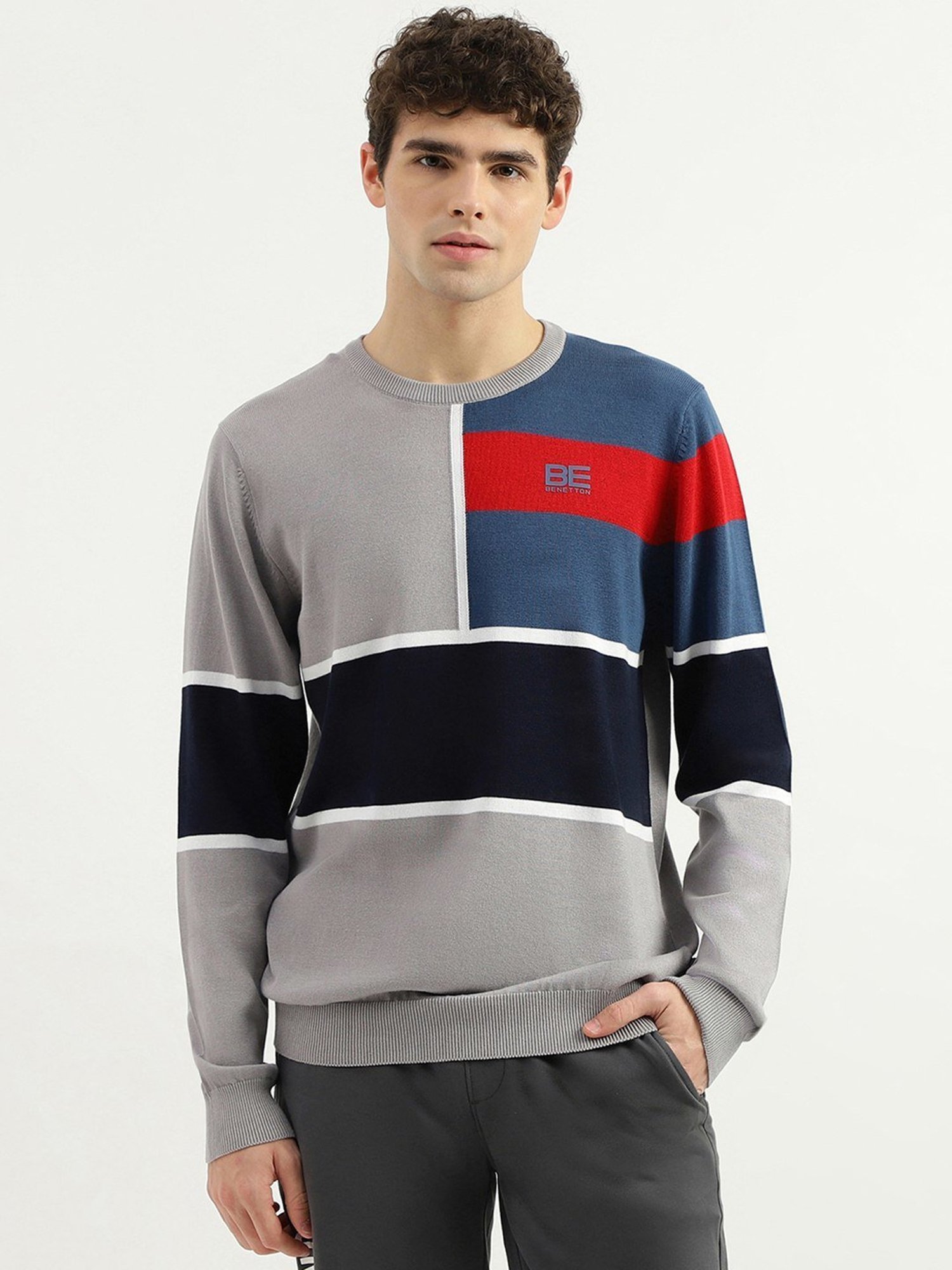 United Colors of Benetton Grey Pure Cotton Regular Fit Colour Block Sweater