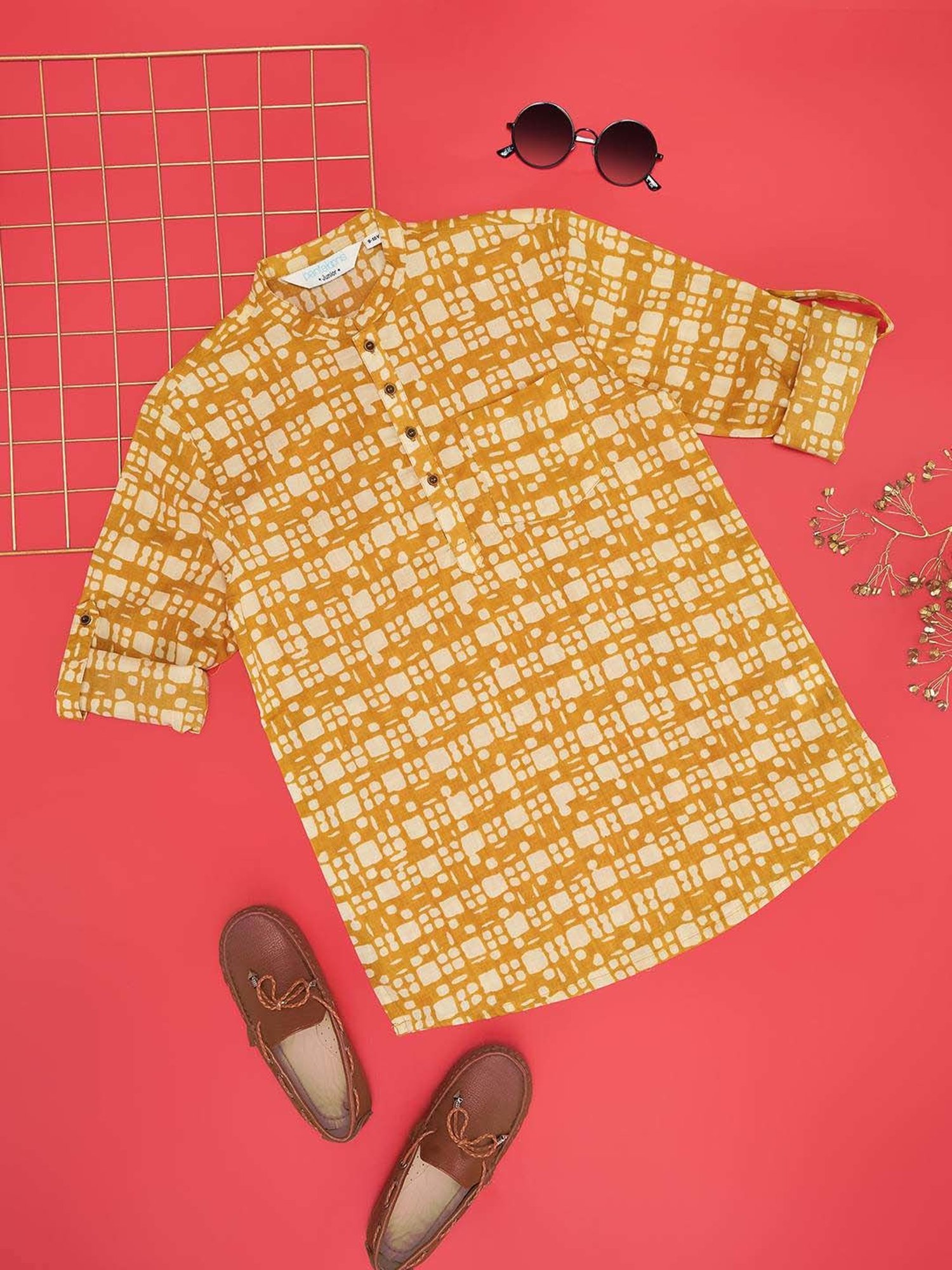 Indus Route by Pantaloons Kids Honey Mustard Printed Full Sleeves Kurta