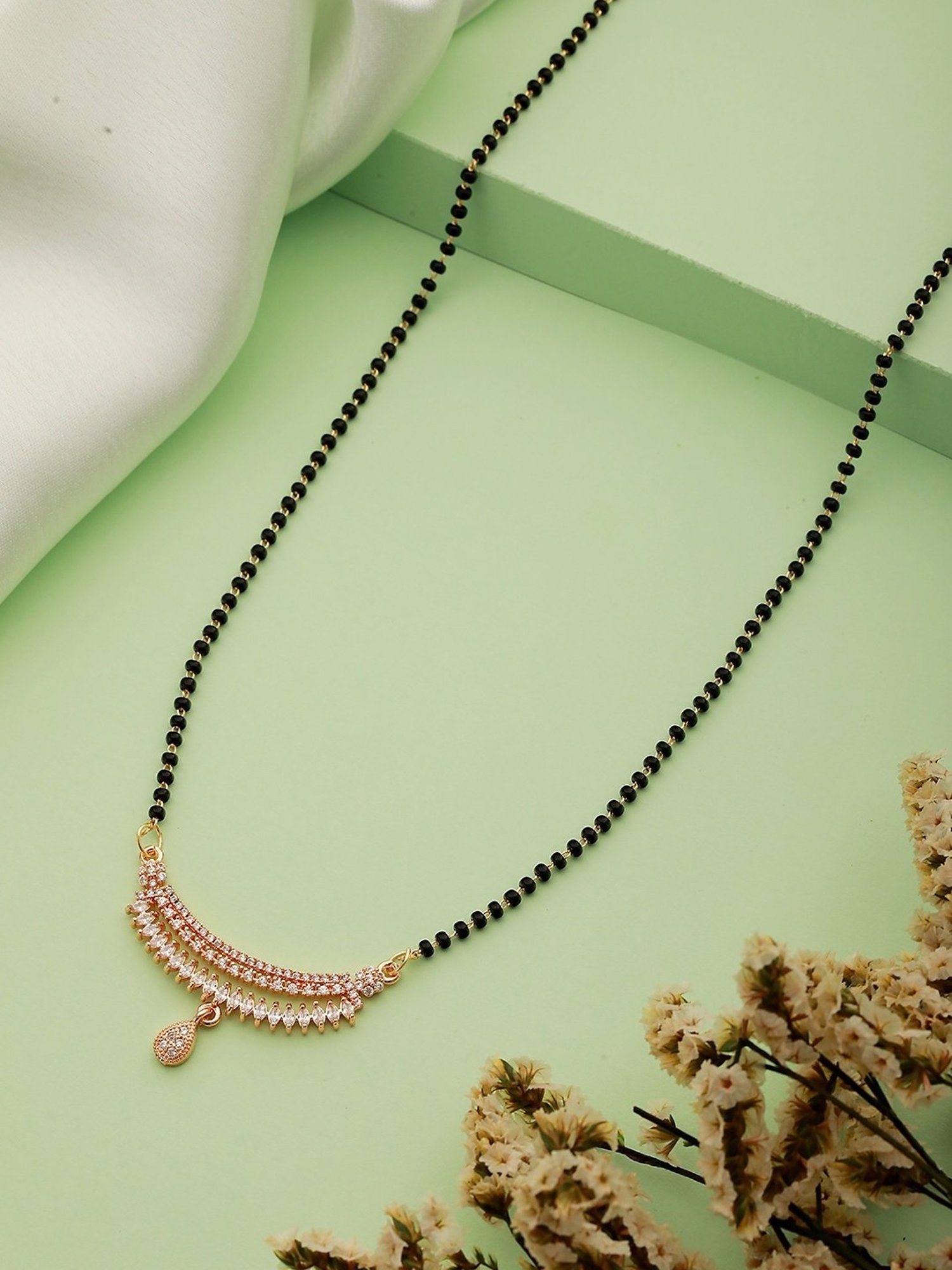 Aatmana Rose Gold-Plated & White CZ Stone-Studded Mangalsutra