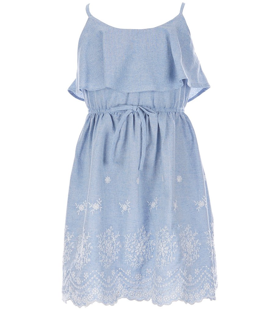 Poppies And Roses Big Girls 7-16 Popover Embroidered Scallop-Hem Chambray A-Line Dress