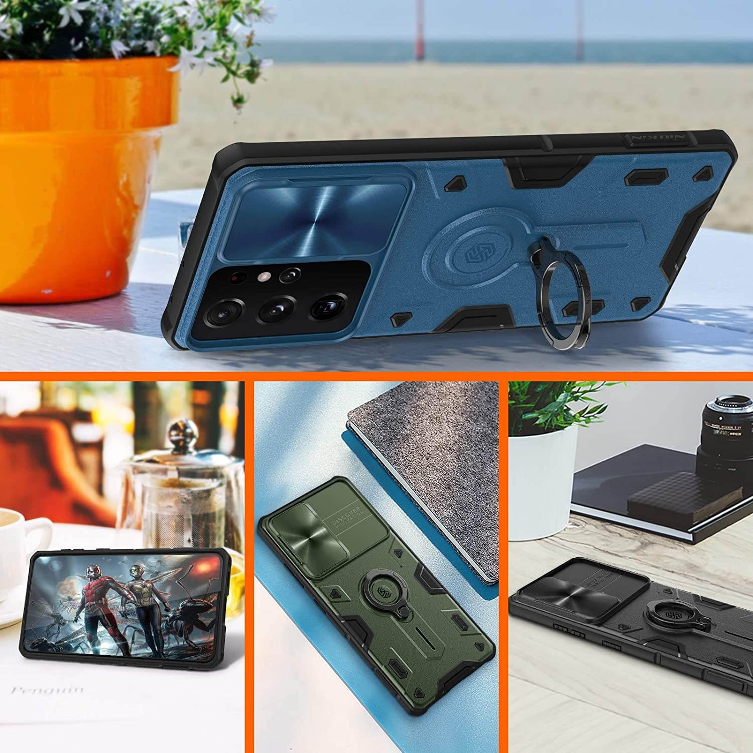 Nillkin for Samsung Galaxy S21 Ultra case Kickstand Slide Camera Protector Cover for Samsung Galaxy S21 Ultra 5g Case 6.8&rsquo&rsquo Shockproof TPU + PC Anti-Slip Protection case Blue