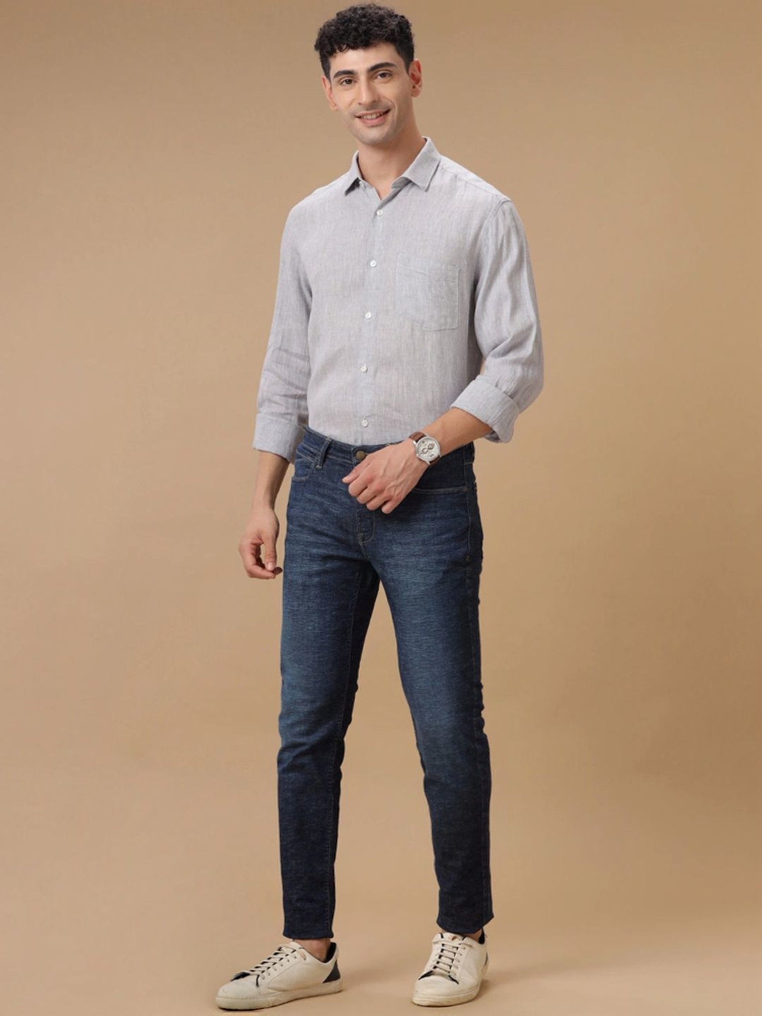 Linen Club Grey Linen Contemporary Fit Texture Shirt