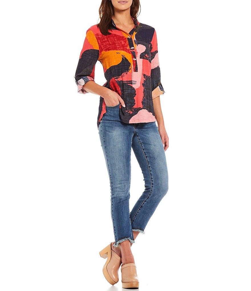 John Mark Abstract Brushstroke Print 3/4 Roll Tab Sleeve Banded Collar Tunic