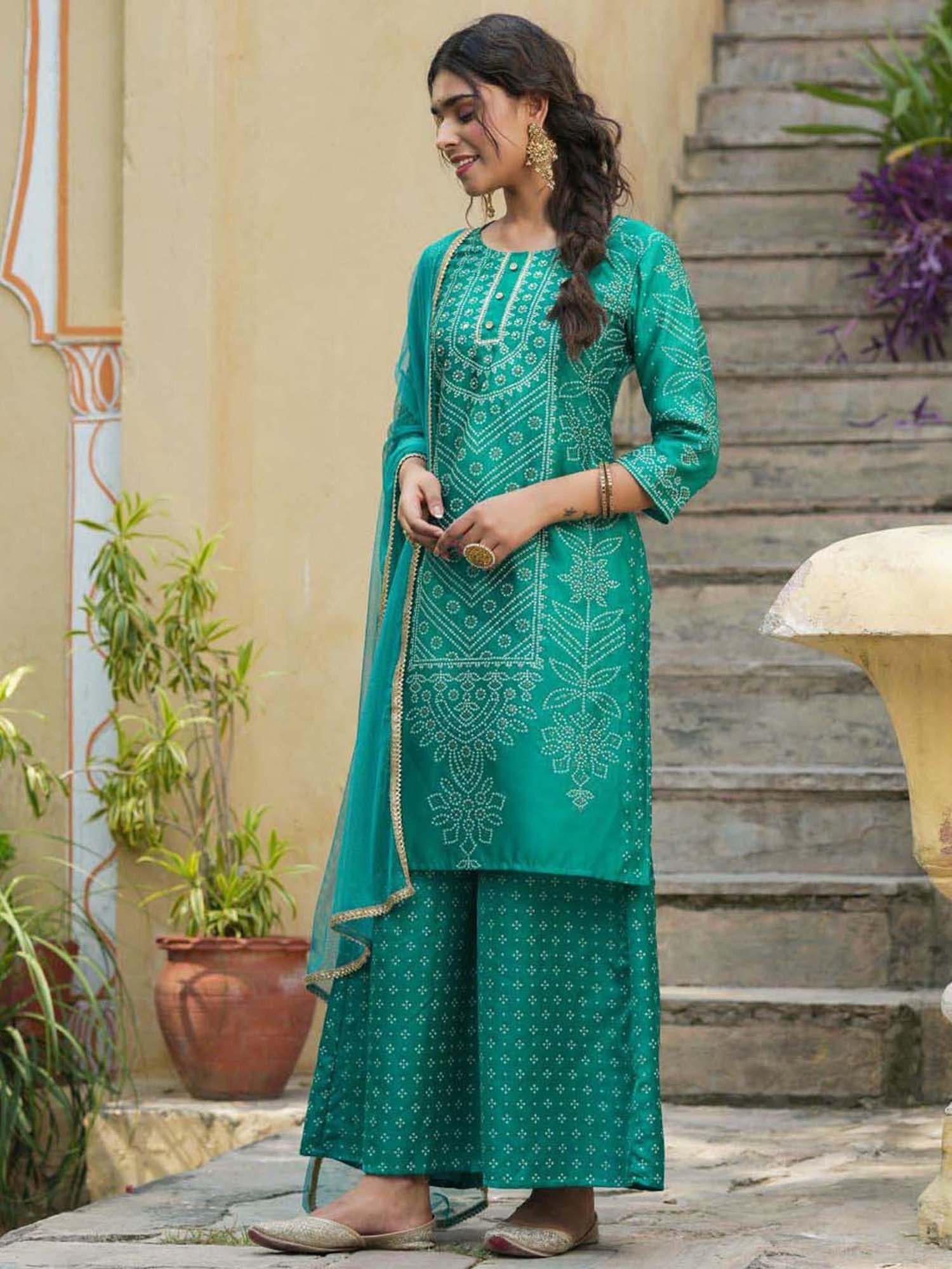 Juniper Teal Bandhani Printed Shantoon Kurta Palazzo & Net Dupatta Set with Lace & Beads Work