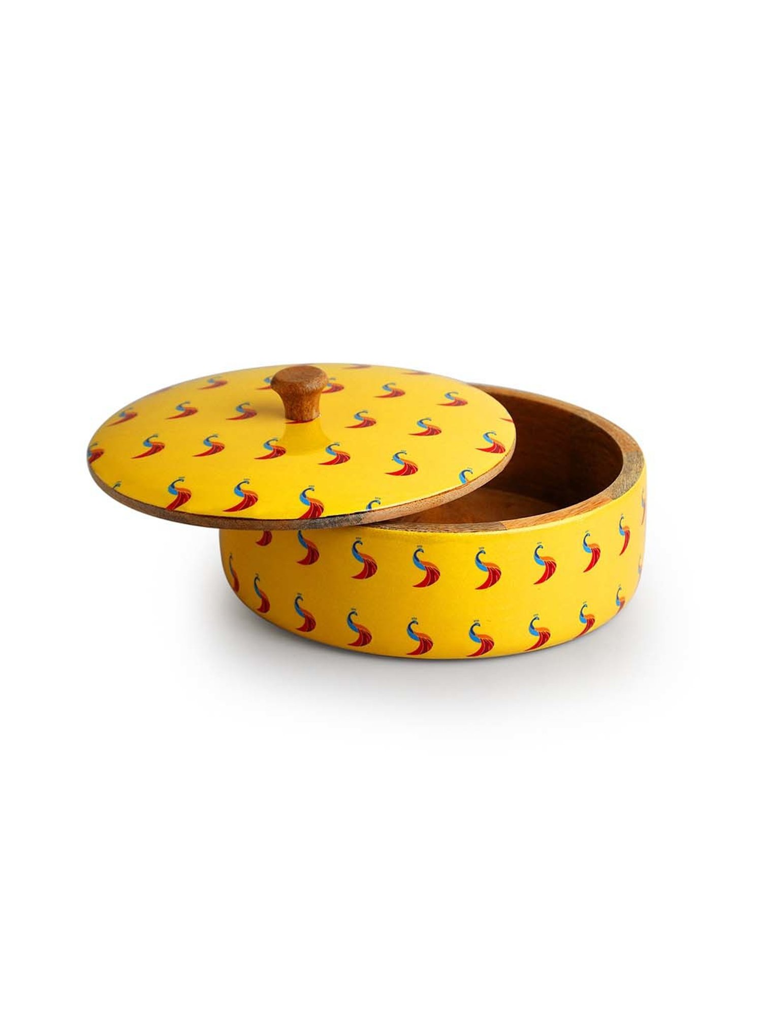 ExclusiveLane Mango Wood Peacocks Hand-Enamelled Casserole Chapati Box With Lid (1.14 L)