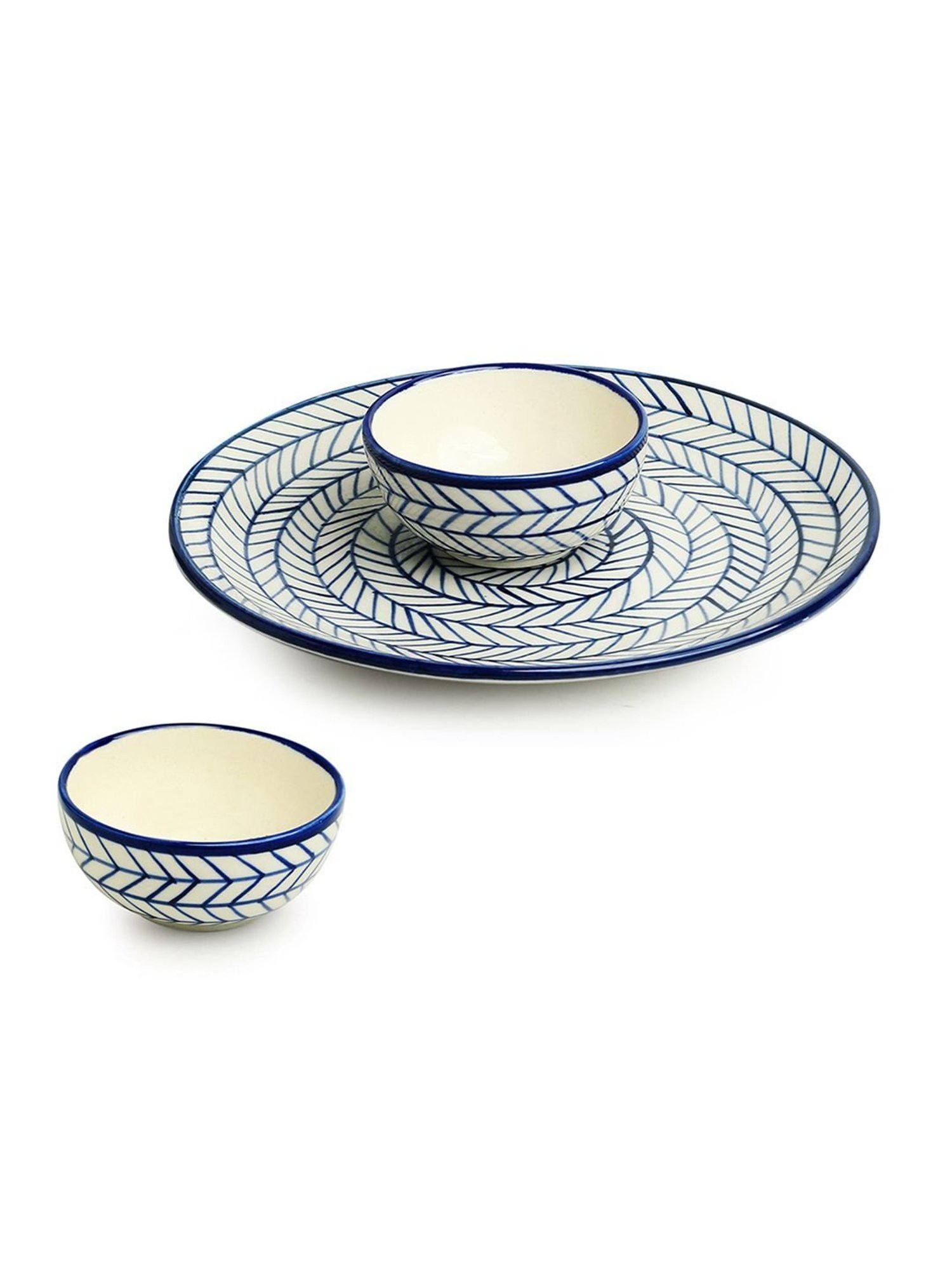 ExclusiveLane Hand-painted Ceramic Dinner Plate With Katoris (3 Pieces, Serving for 1)