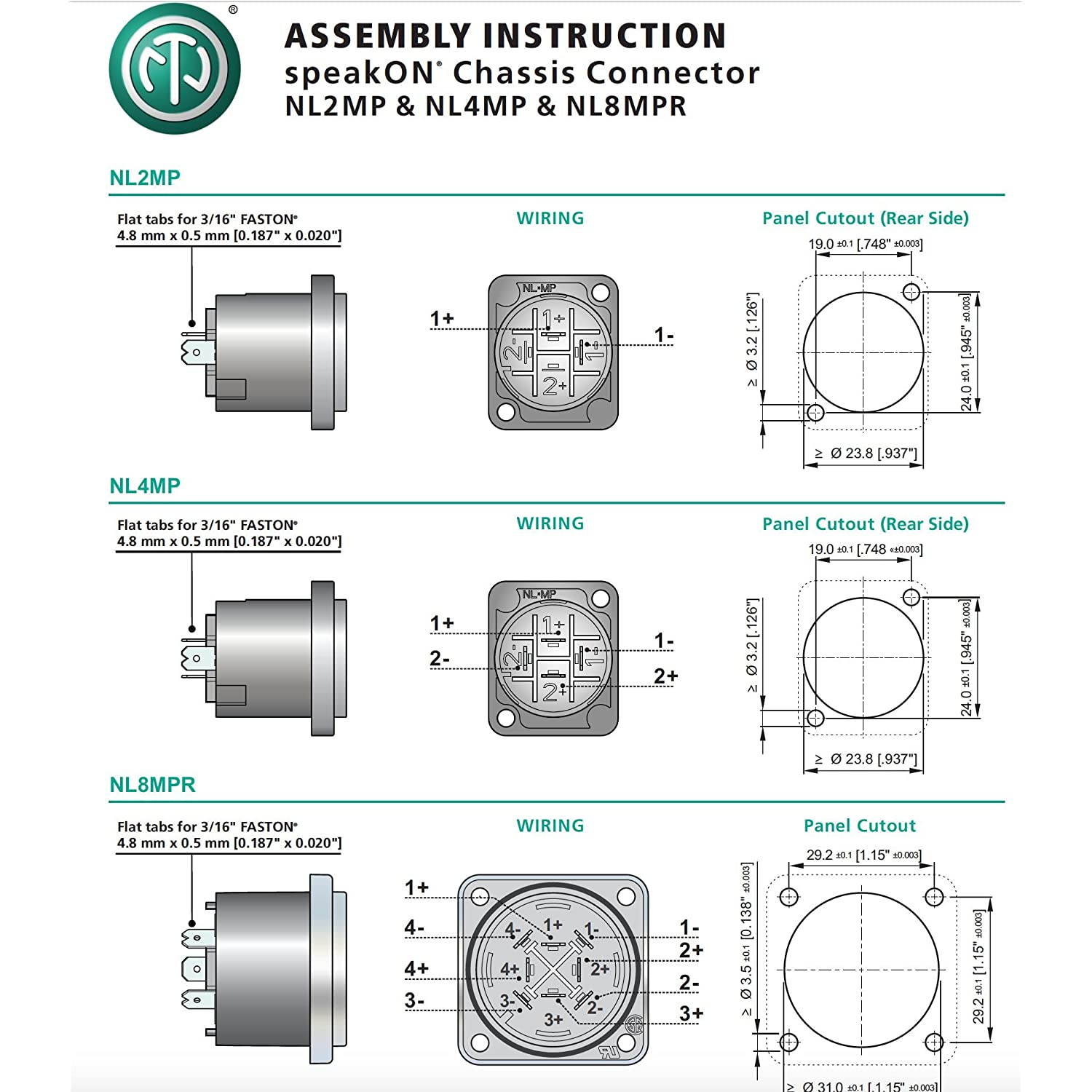 Neutrik NL4MP ( PACK OF 4) SPEAKON PANEL MOUNT ORIGINAL PATENTED "D" Chassis Mounting