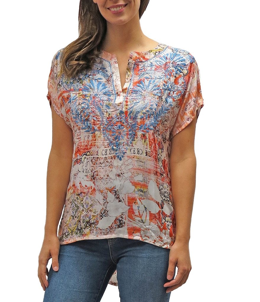 Karyn Seo Tally Embroidered Print Silk Split V-Neck Short Sleeve Blend Top