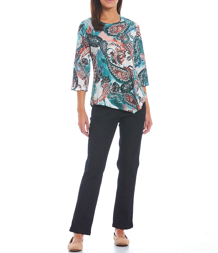 Allison Daley Knit Watercolor Paisley 3/4 Sleeve Crew Neck Asymmetrical Hem Top